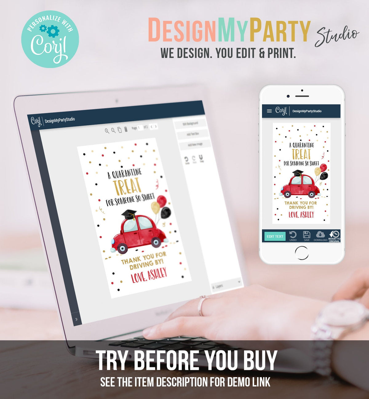 Editable Drive By Favor Tag Drive Through Graduation Parade Thank You Gift Tags Quarantine Red Car High School Grad Graduate Corjl 0337