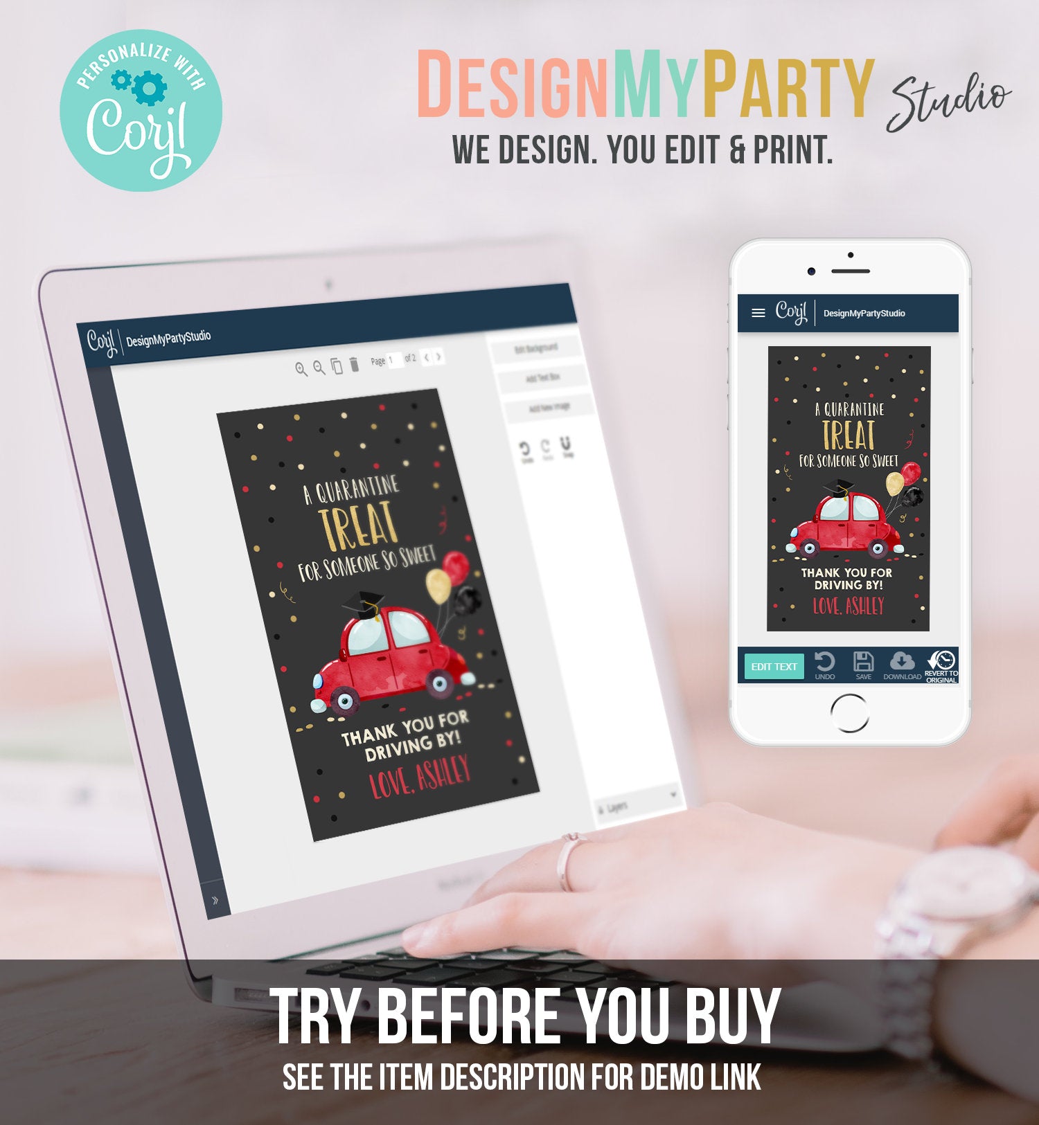 Editable Drive By Favor Tag Drive Through Graduation Parade Thank You Gift Tags Quarantine Red Car High School Grad Graduate Corjl 0337