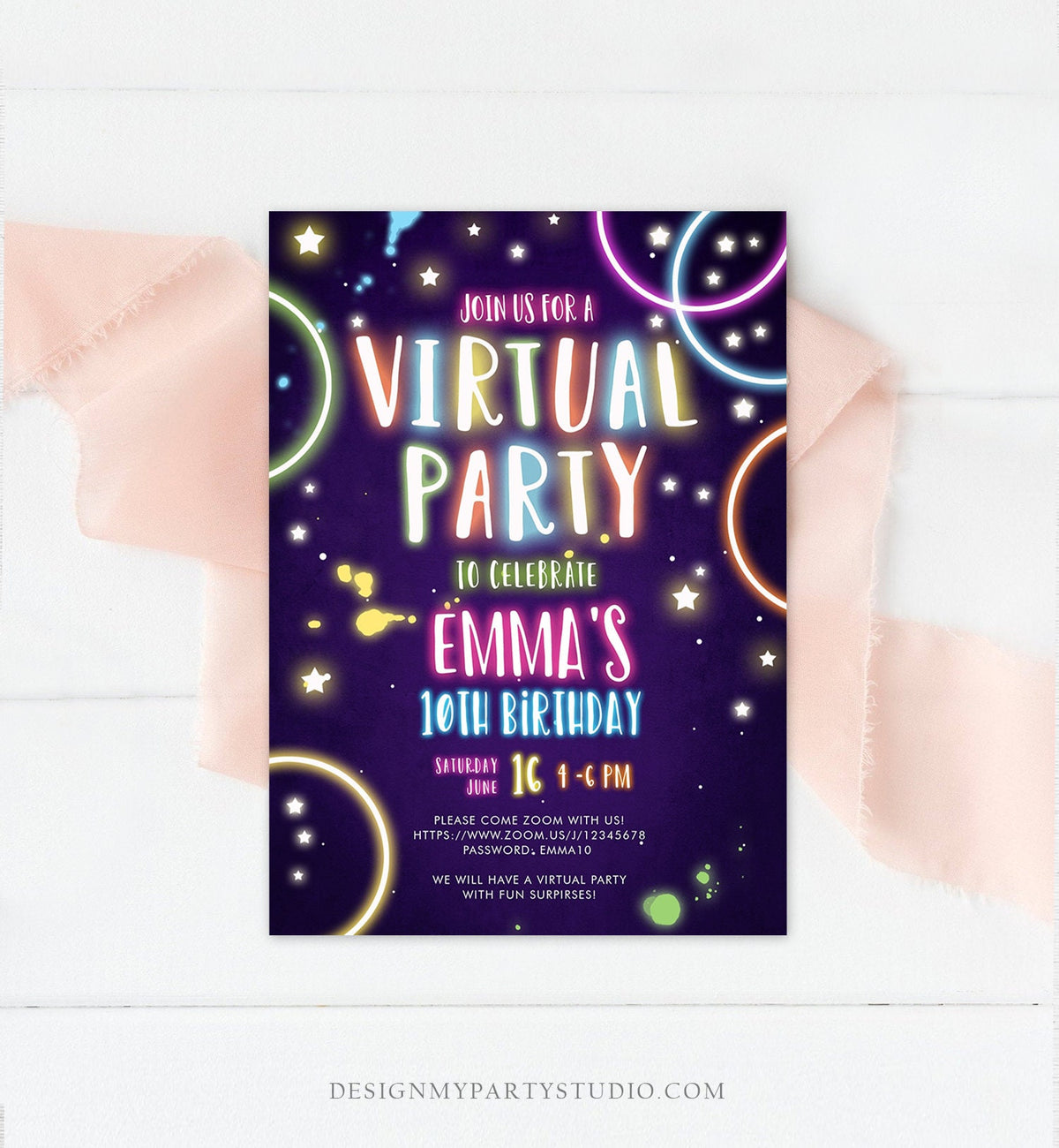 Editable Virtual Party Birthday Invitation Girl Disco Neon Glow Zoom Party Video Chat Quarantine Party Social Distancing Template Corjl 0172