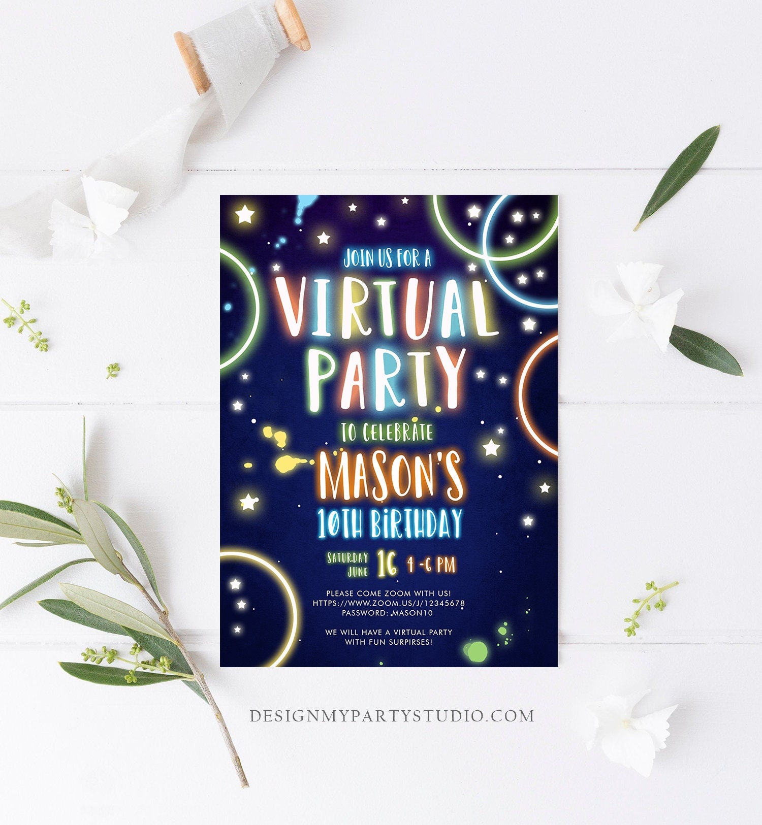 Editable Virtual Party Birthday Invitation Boy Disco Neon Glow Zoom Party Video Chat Quarantine Party Social Distancing Template Corjl 0172