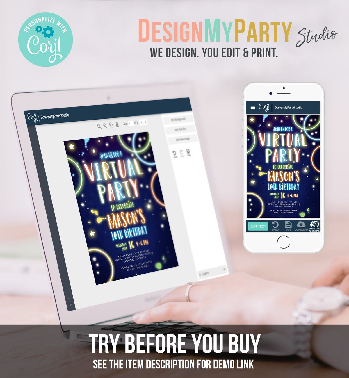 Editable Virtual Party Birthday Invitation Boy Disco Neon Glow Zoom Party Video Chat Quarantine Party Social Distancing Template Corjl 0172