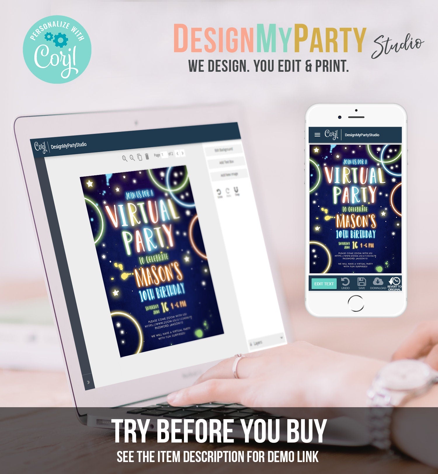 Editable Virtual Party Birthday Invitation Boy Disco Neon Glow Zoom Party Video Chat Quarantine Party Social Distancing Template Corjl 0172