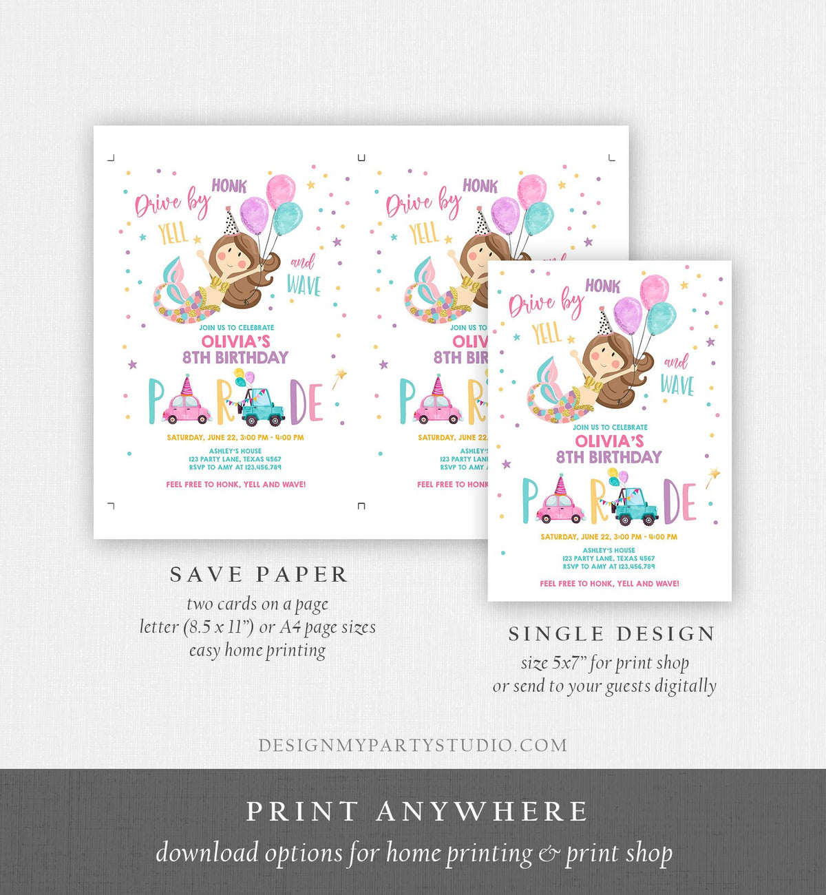 Editable Mermaid Drive By Birthday Parade Invitation Virtual Party Invite Honk Wave Car Girl Pink Quarantine Download Digital Corjl 0338