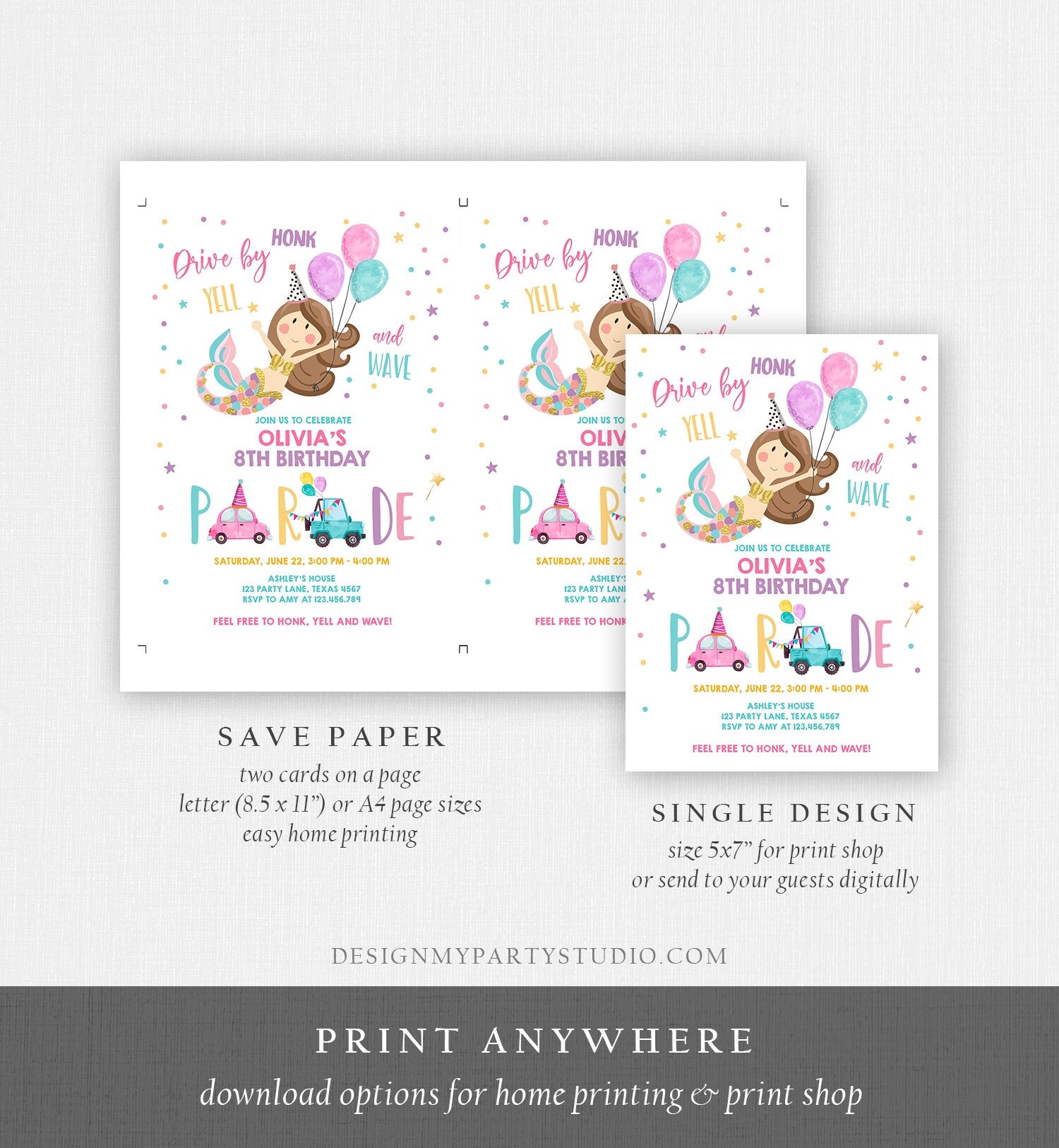 Editable Mermaid Drive By Birthday Parade Invitation Virtual Party Invite Honk Wave Car Girl Pink Quarantine Download Digital Corjl 0338