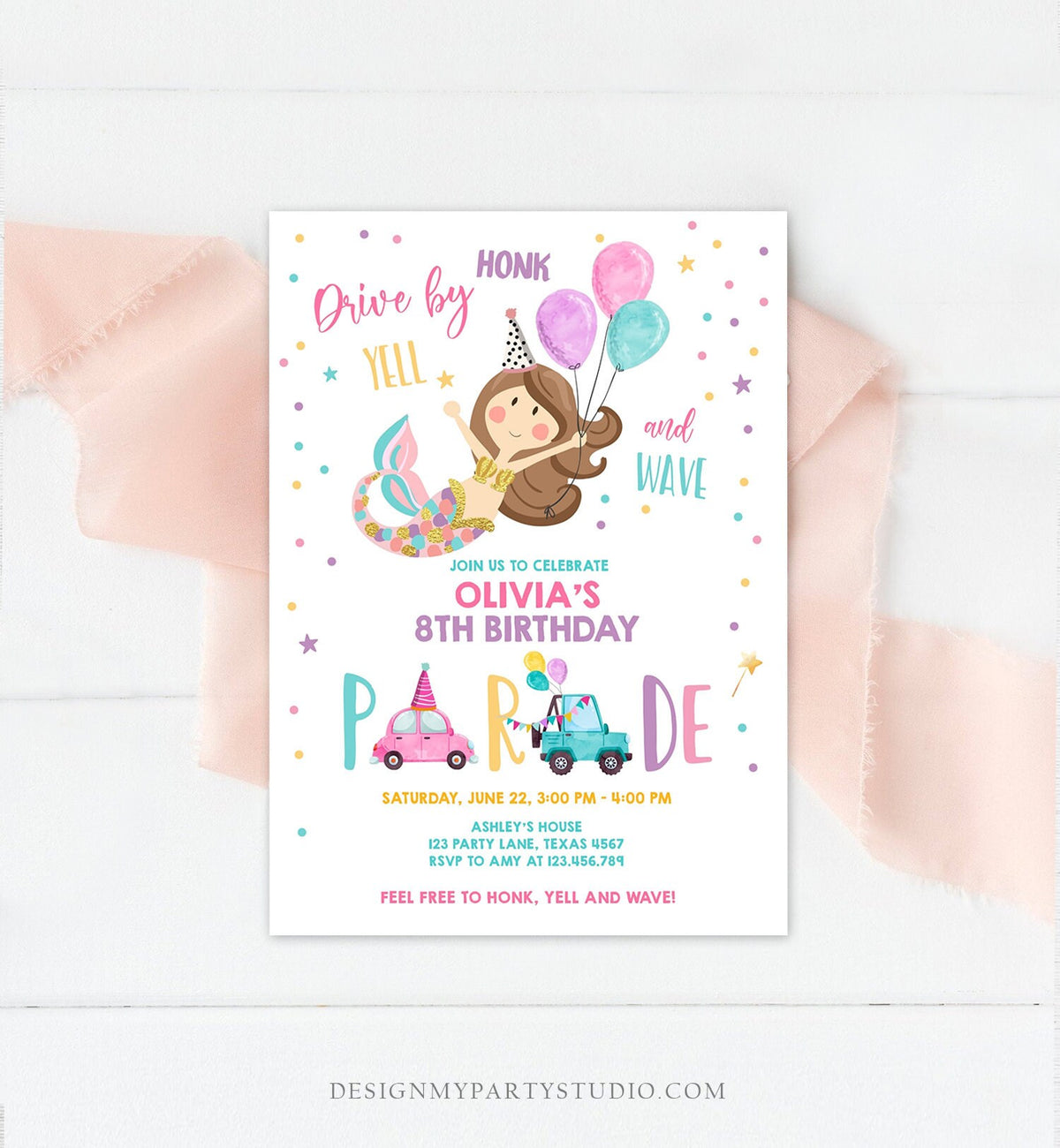 Editable Mermaid Drive By Birthday Parade Invitation Virtual Party Invite Honk Wave Car Girl Pink Quarantine Download Digital Corjl 0338