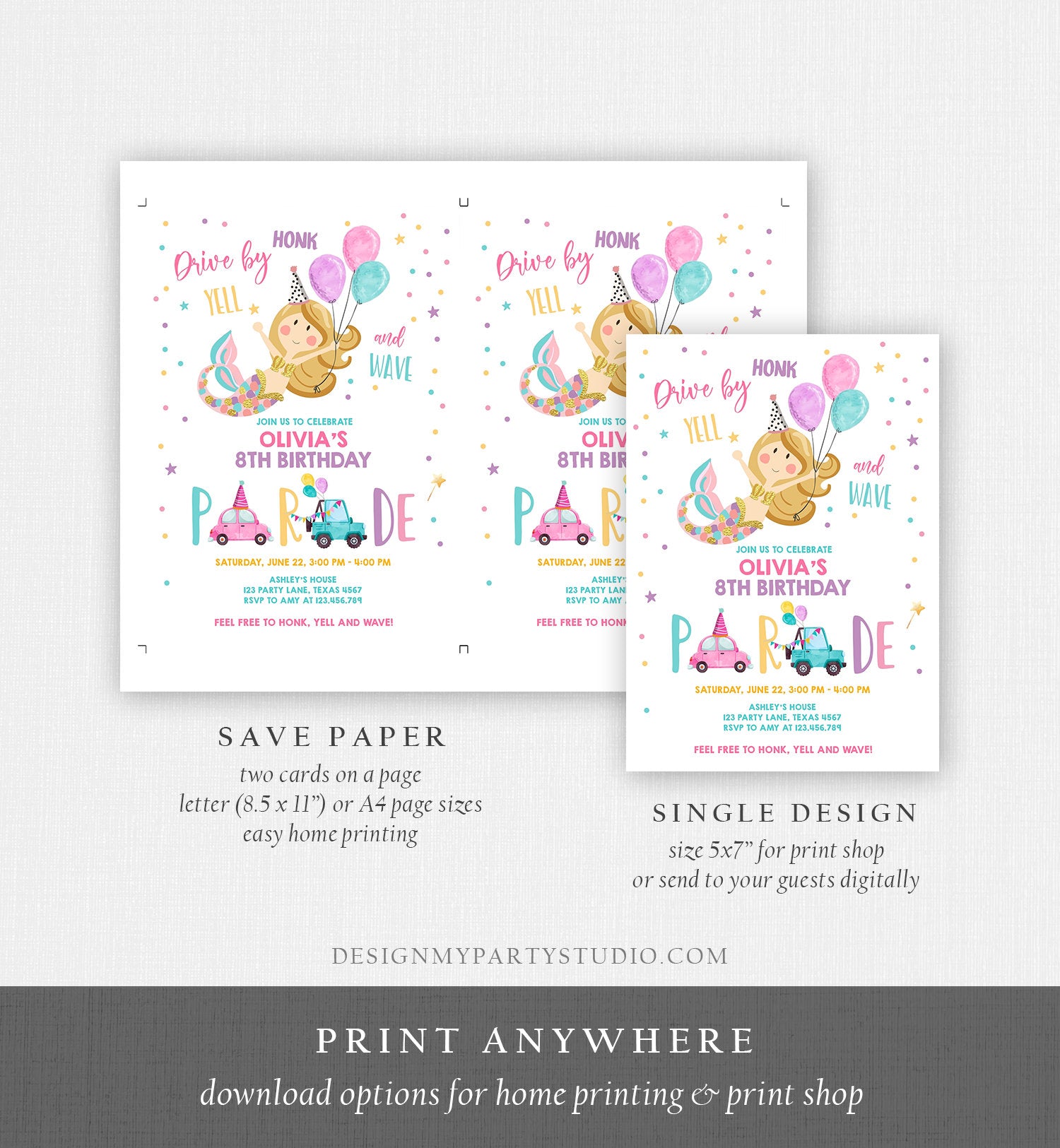 Editable Mermaid Drive By Birthday Parade Invitation Virtual Party Invite Honk Wave Car Girl Pink Quarantine Download Digital Corjl 0338