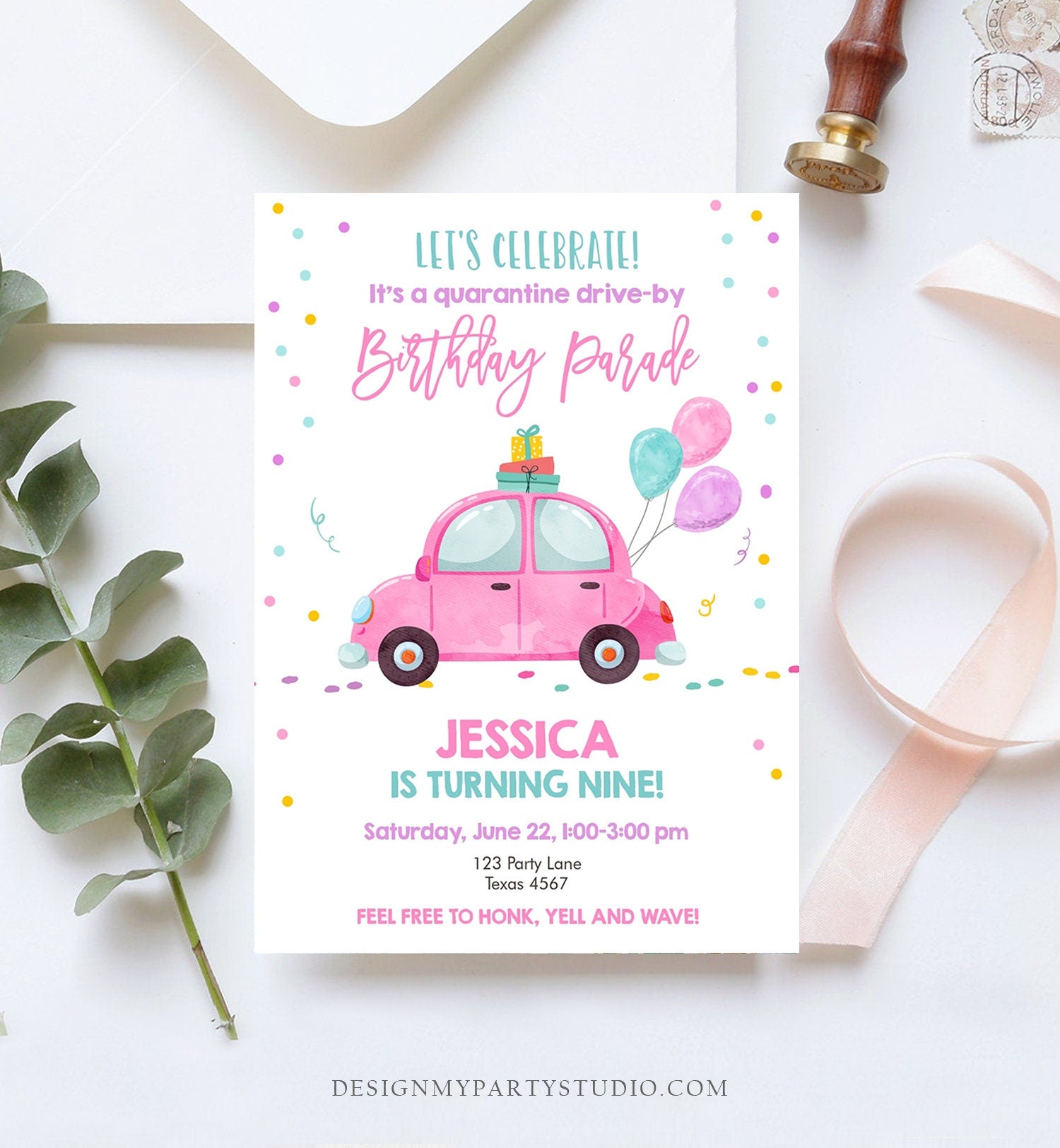 Editable Drive By Birthday Parade Invitation Virtual Birthday Party Invite Girl Pink Kid Quarantine Instant Download Digital Corjl 0333