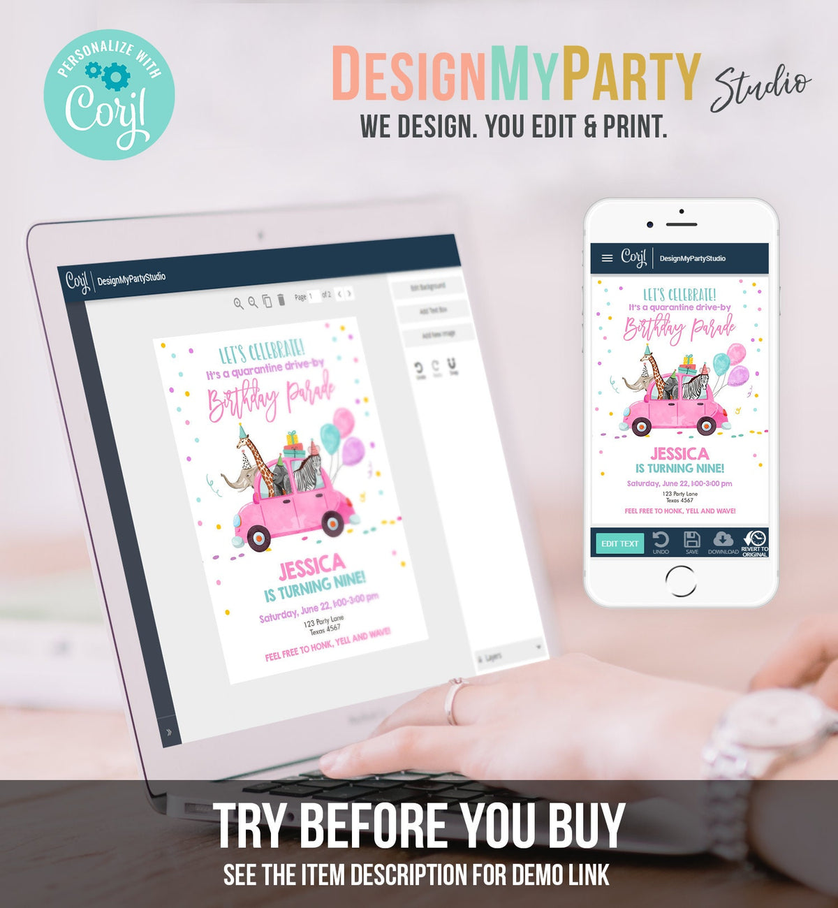Editable Drive By Birthday Parade Invitation Virtual Birthday Party Invite Girl Pink Party Animals Safari Download Digital Corjl 0333