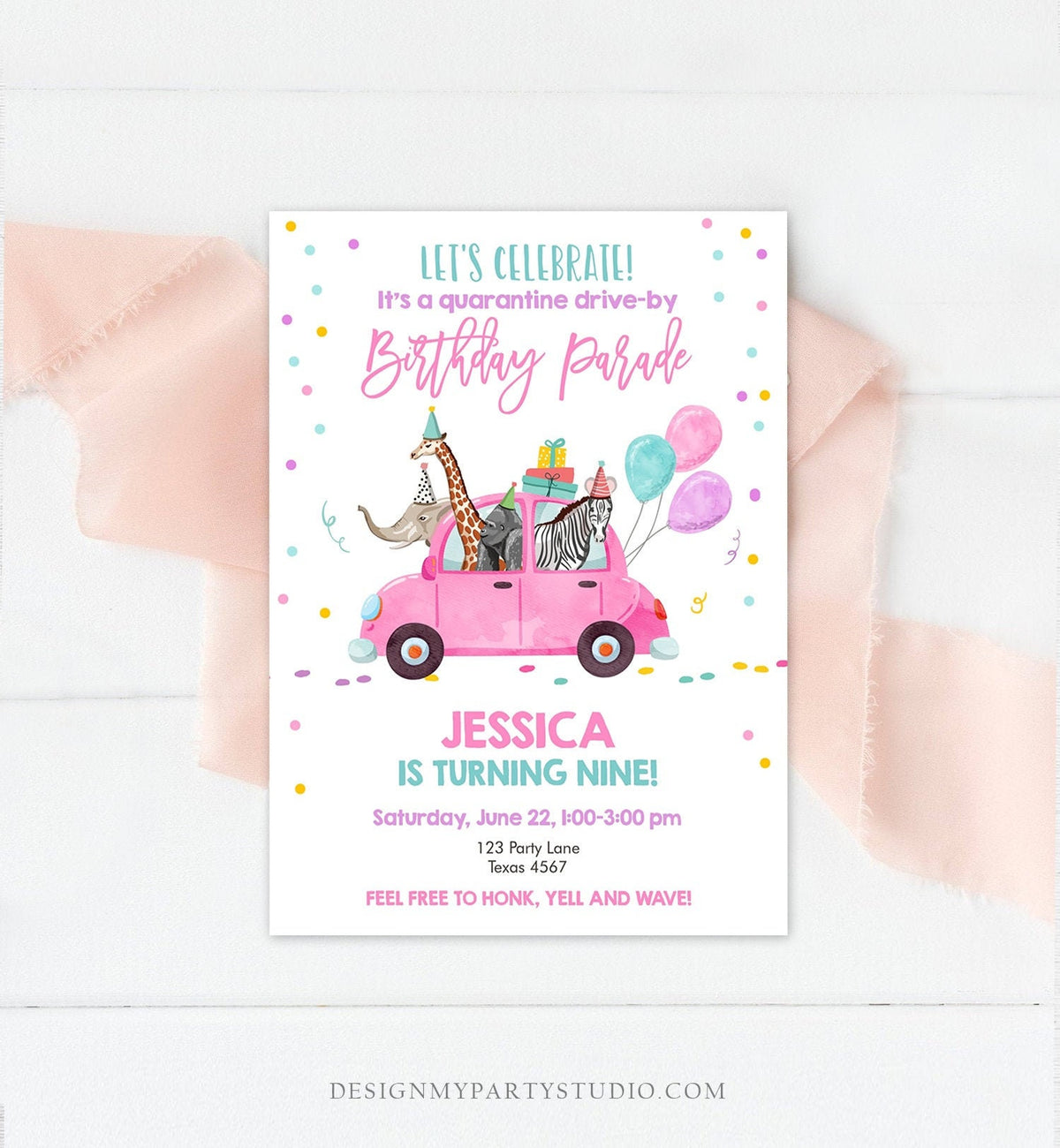Editable Drive By Birthday Parade Invitation Virtual Birthday Party Invite Girl Pink Party Animals Safari Download Digital Corjl 0333