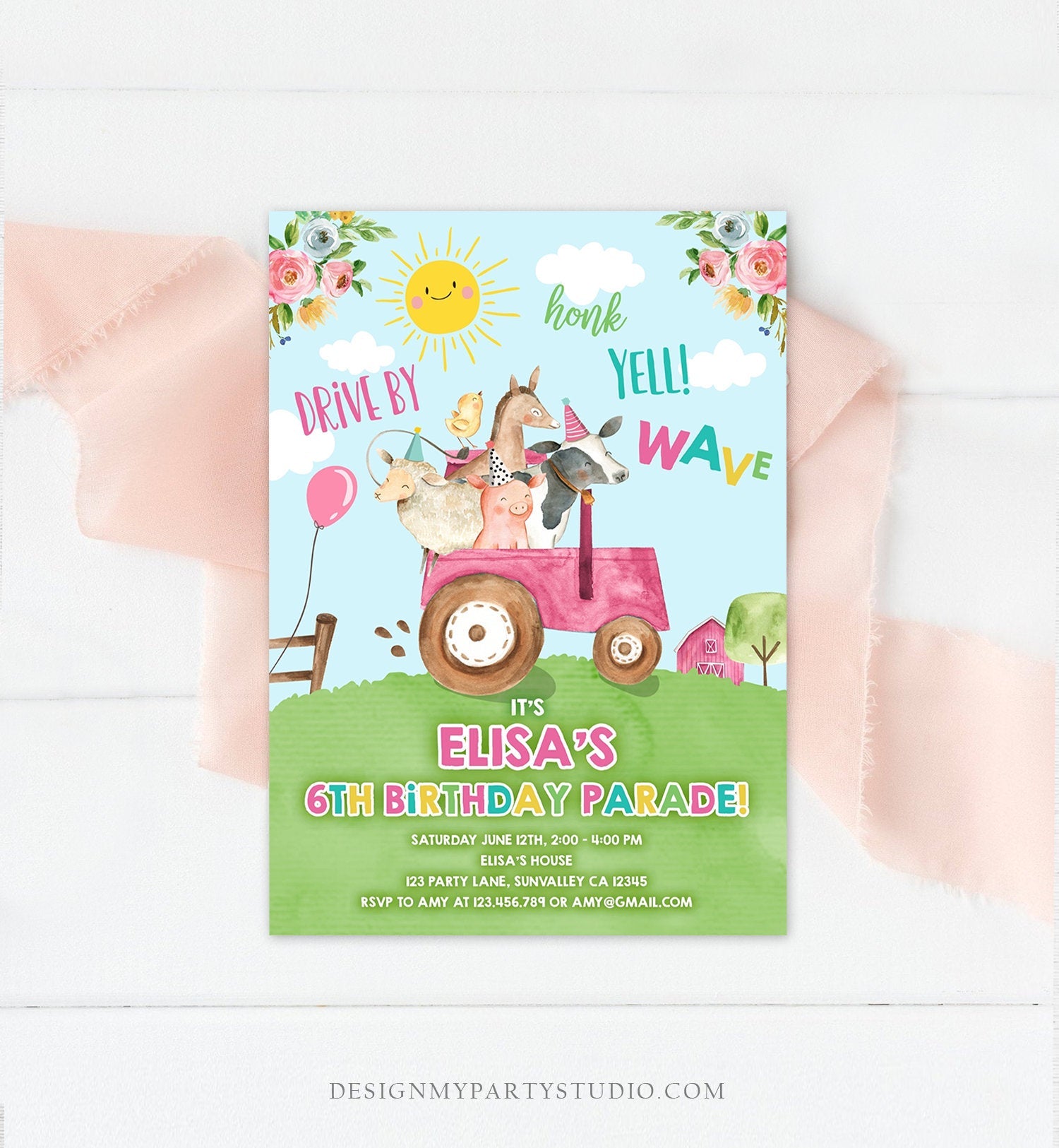 Editable Drive By Birthday Parade Invitation Farm Animals Virtual Party Invite Honk Wave Car Girl Pink Party Animals Digital Corjl 0155