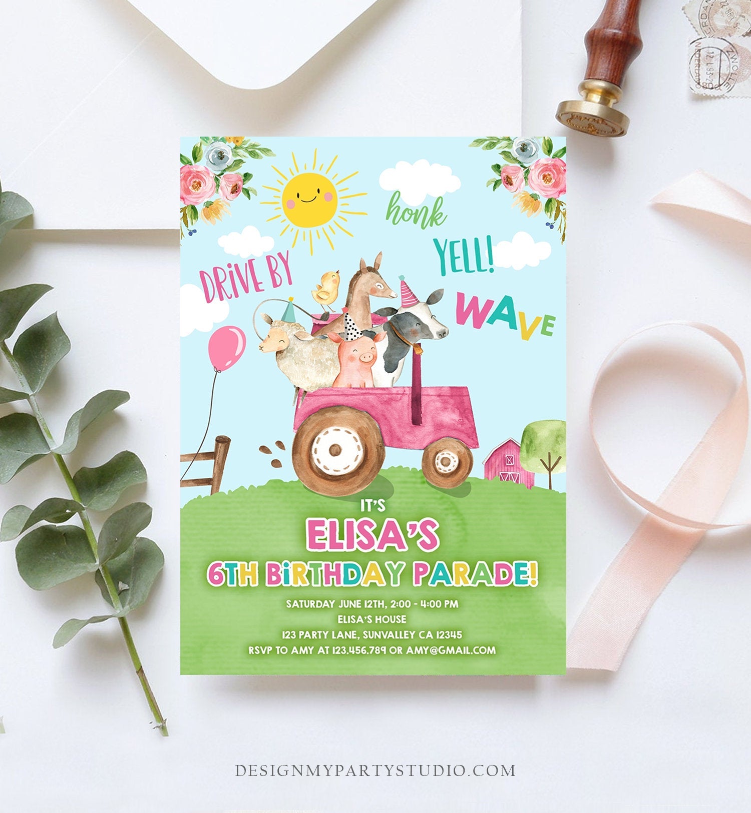 Editable Drive By Birthday Parade Invitation Farm Animals Virtual Party Invite Honk Wave Car Girl Pink Party Animals Digital Corjl 0155