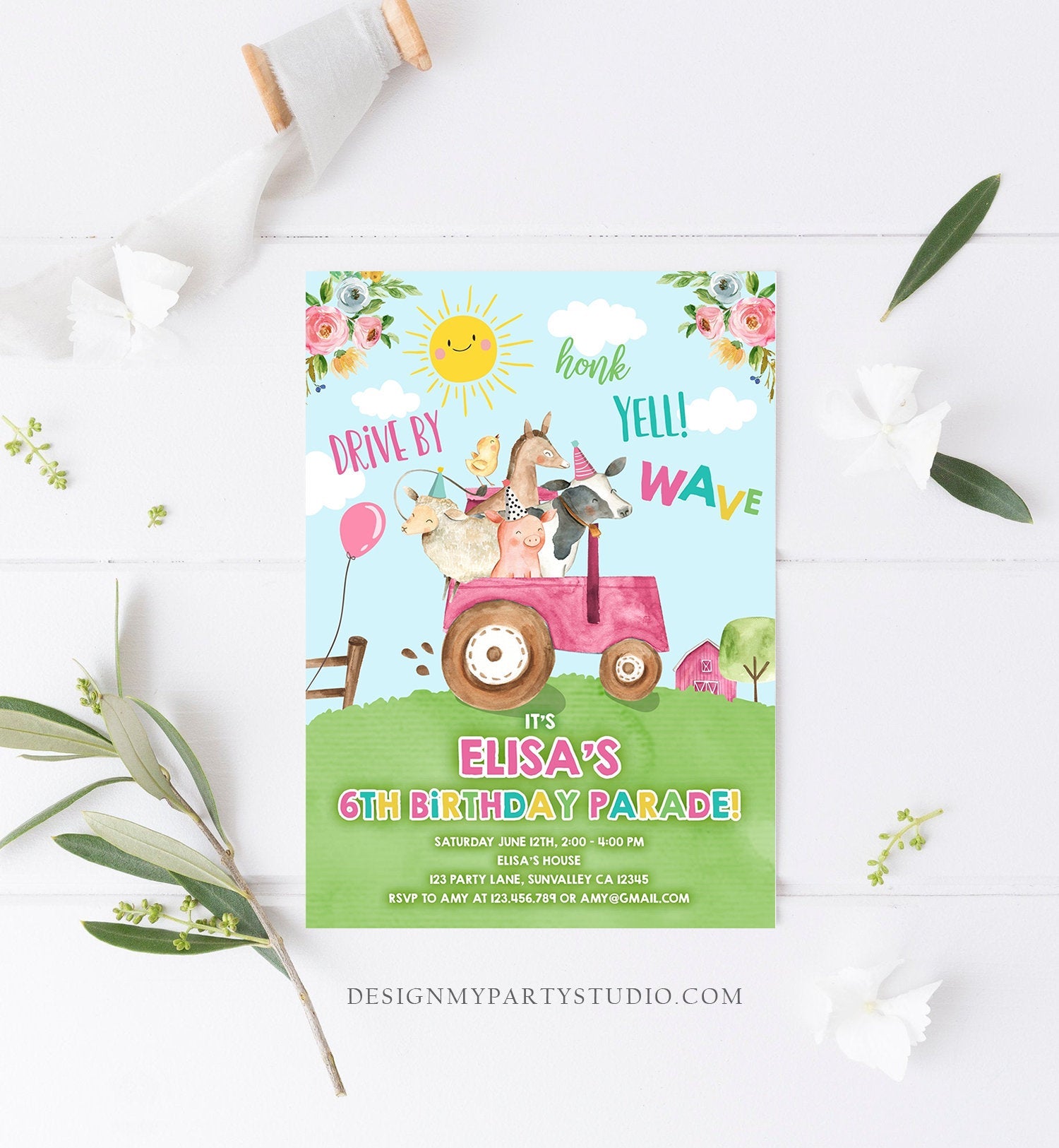 Editable Drive By Birthday Parade Invitation Farm Animals Virtual Party Invite Honk Wave Car Girl Pink Party Animals Digital Corjl 0155