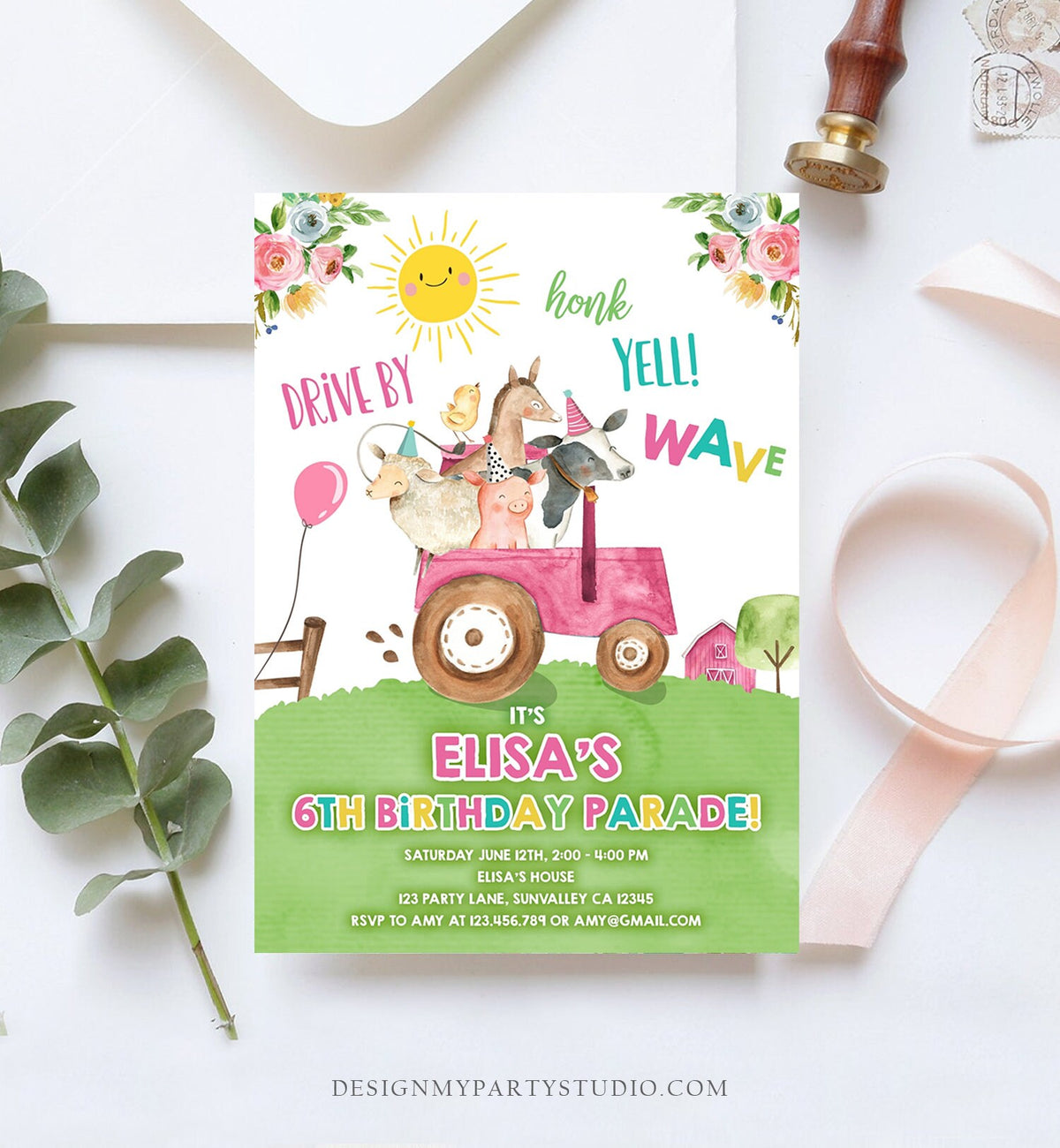 Editable Drive By Birthday Parade Invitation Farm Animals Virtual Party Invite Honk Wave Car Girl Pink Party Animals Digital Corjl 0155