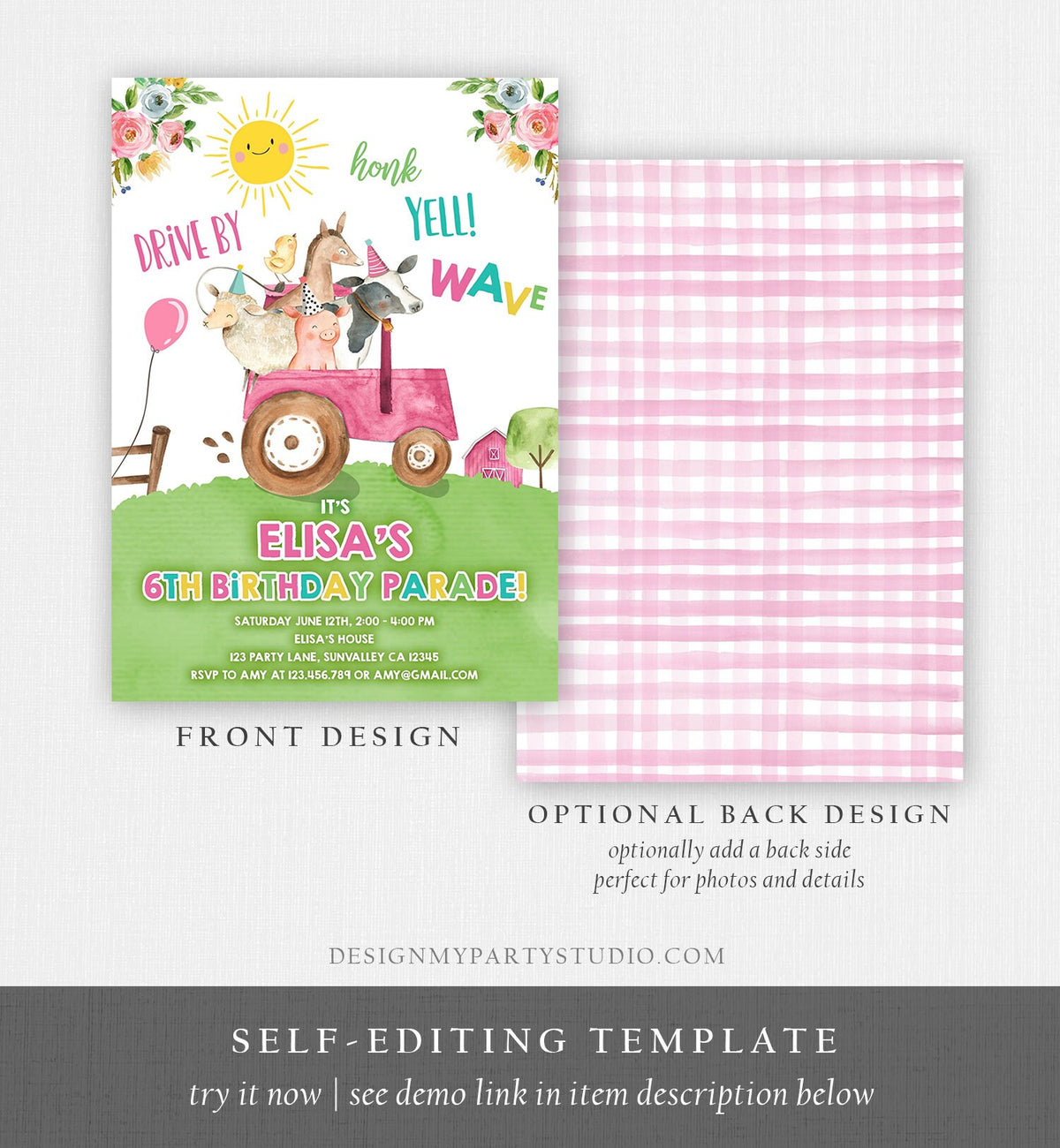 Editable Drive By Birthday Parade Invitation Farm Animals Virtual Party Invite Honk Wave Car Girl Pink Party Animals Digital Corjl 0155