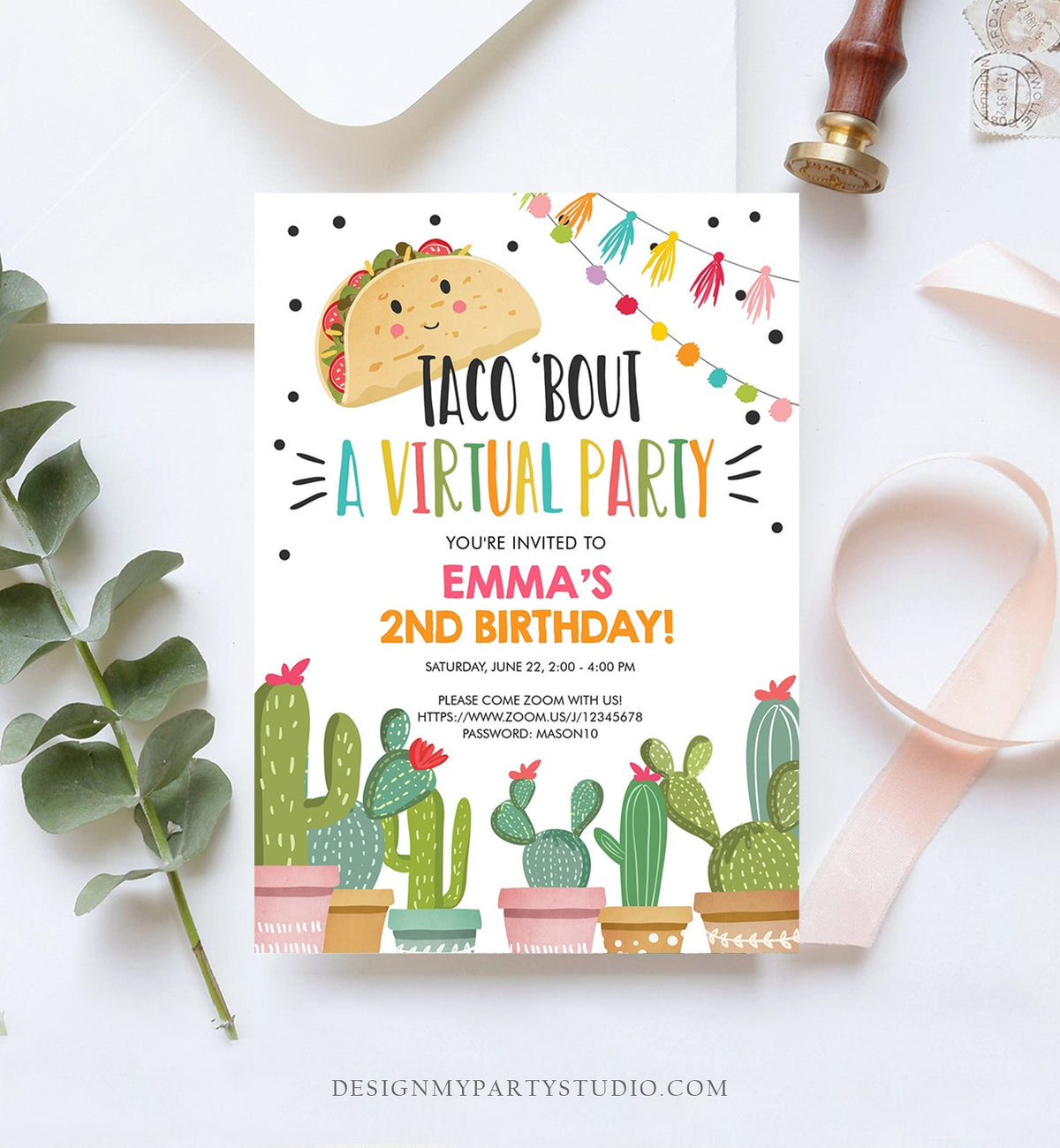 Editable Taco Bout a Virtual Party Birthday Invitation Fiesta Cactus Zoom Party Video Chat Quarantine Party Distancing Corjl Template 0254