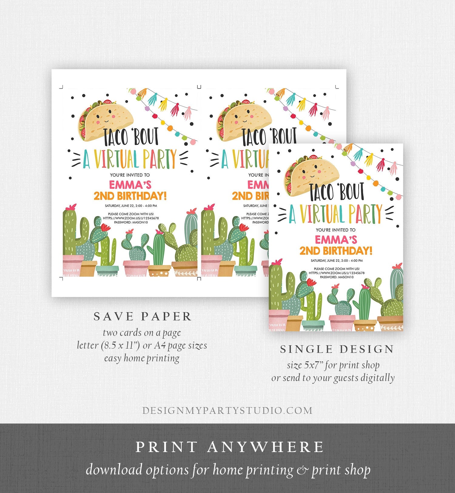 Editable Taco Bout a Virtual Party Birthday Invitation Fiesta Cactus Zoom Party Video Chat Quarantine Party Distancing Corjl Template 0254