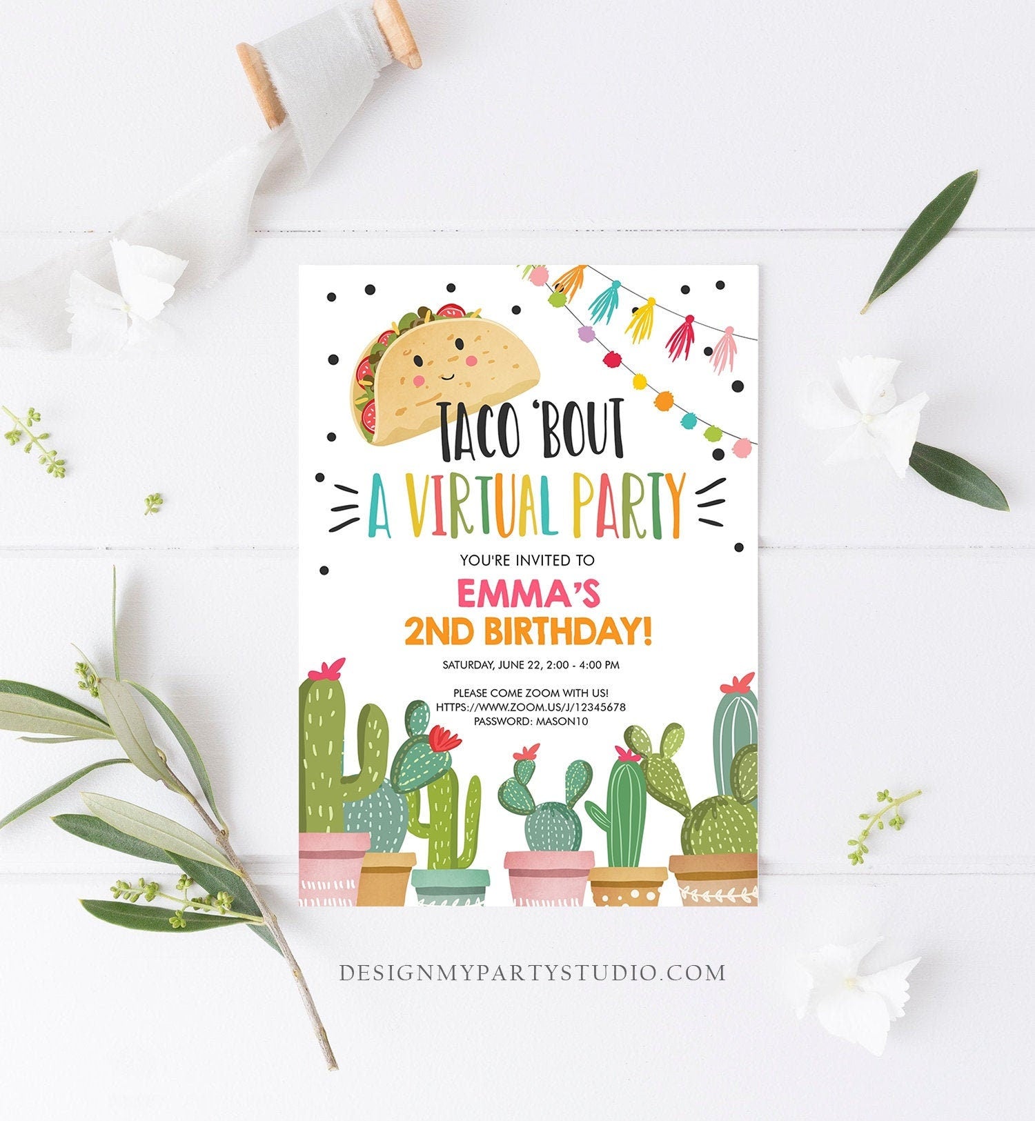 Editable Taco Bout a Virtual Party Birthday Invitation Fiesta Cactus Zoom Party Video Chat Quarantine Party Distancing Corjl Template 0254