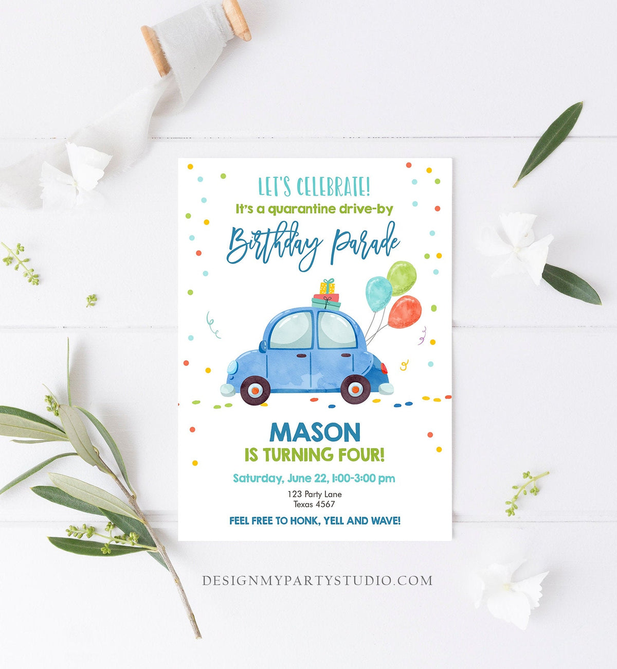 Editable Drive By Birthday Parade Invitation Virtual Party Invite Honk Wave Car Boy Quarantine Party Instant Download Digital Corjl 0333