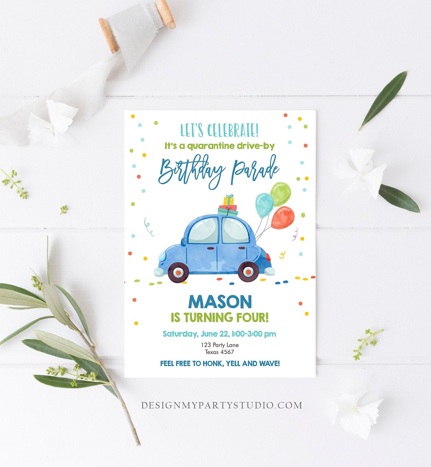 Editable Drive By Birthday Parade Invitation Virtual Party Invite Honk Wave Car Boy Quarantine Party Instant Download Digital Corjl 0333