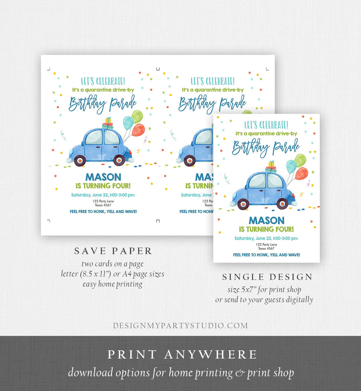 Editable Drive By Birthday Parade Invitation Virtual Party Invite Honk Wave Car Boy Quarantine Party Instant Download Digital Corjl 0333