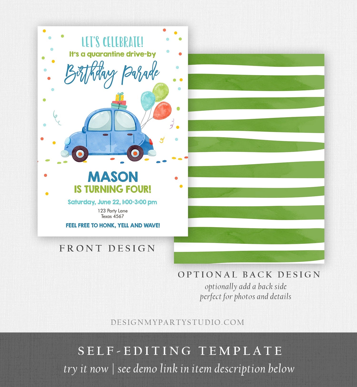 Editable Drive By Birthday Parade Invitation Virtual Party Invite Honk Wave Car Boy Quarantine Party Instant Download Digital Corjl 0333