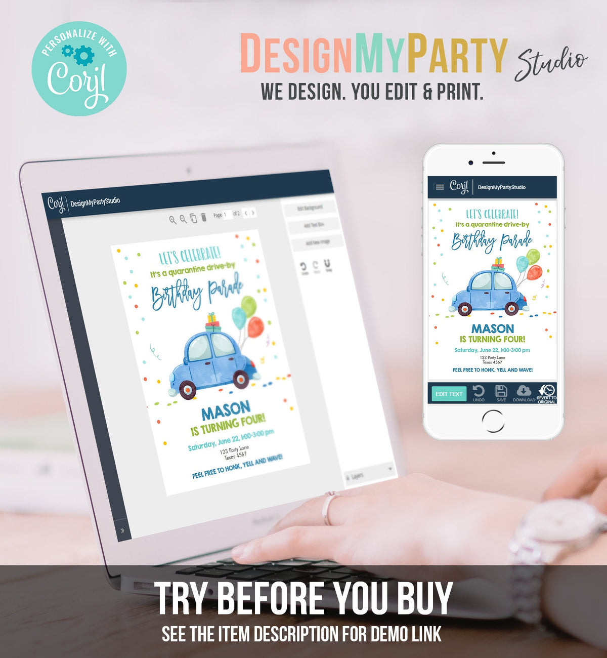 Editable Drive By Birthday Parade Invitation Virtual Party Invite Honk Wave Car Boy Quarantine Party Instant Download Digital Corjl 0333