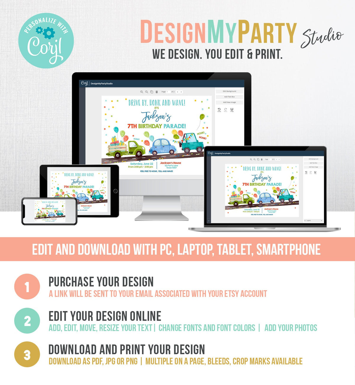 Editable Drive By Birthday Parade Invitation Virtual Party Invite Honk Wave Car Boy Blue Instant Download Digital Corjl 0333