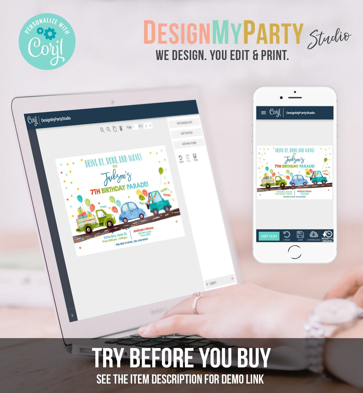 Editable Drive By Birthday Parade Invitation Virtual Party Invite Honk Wave Car Boy Blue Instant Download Digital Corjl 0333