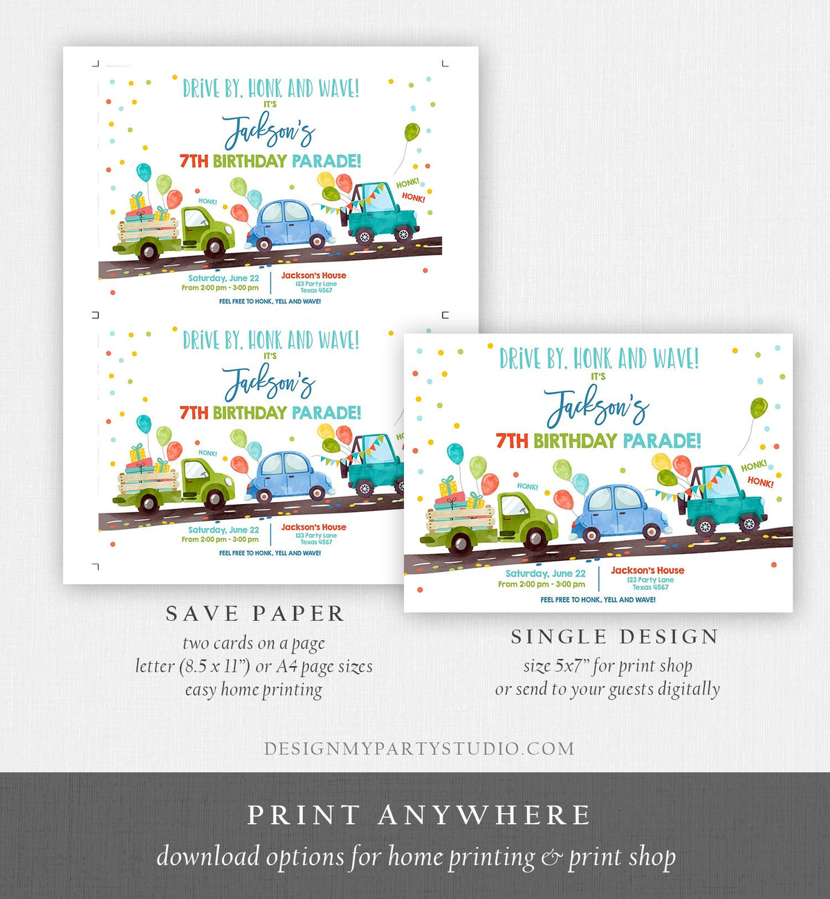 Editable Drive By Birthday Parade Invitation Virtual Party Invite Honk Wave Car Boy Blue Instant Download Digital Corjl 0333