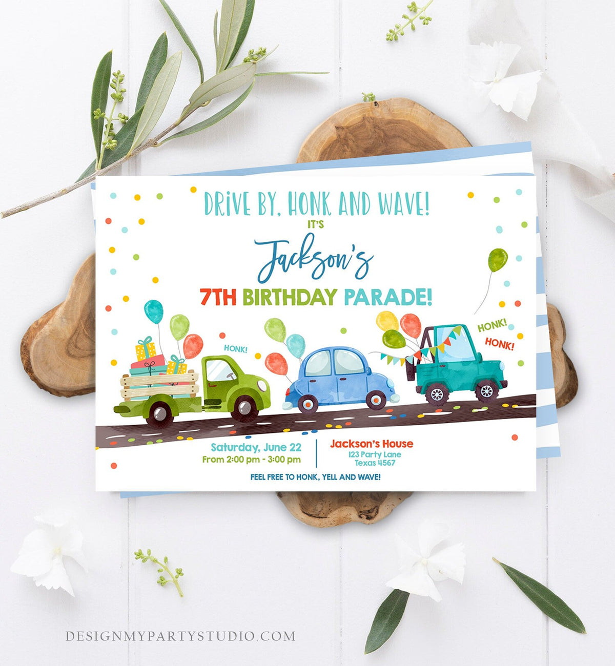 Editable Drive By Birthday Parade Invitation Virtual Party Invite Honk Wave Car Boy Blue Instant Download Digital Corjl 0333
