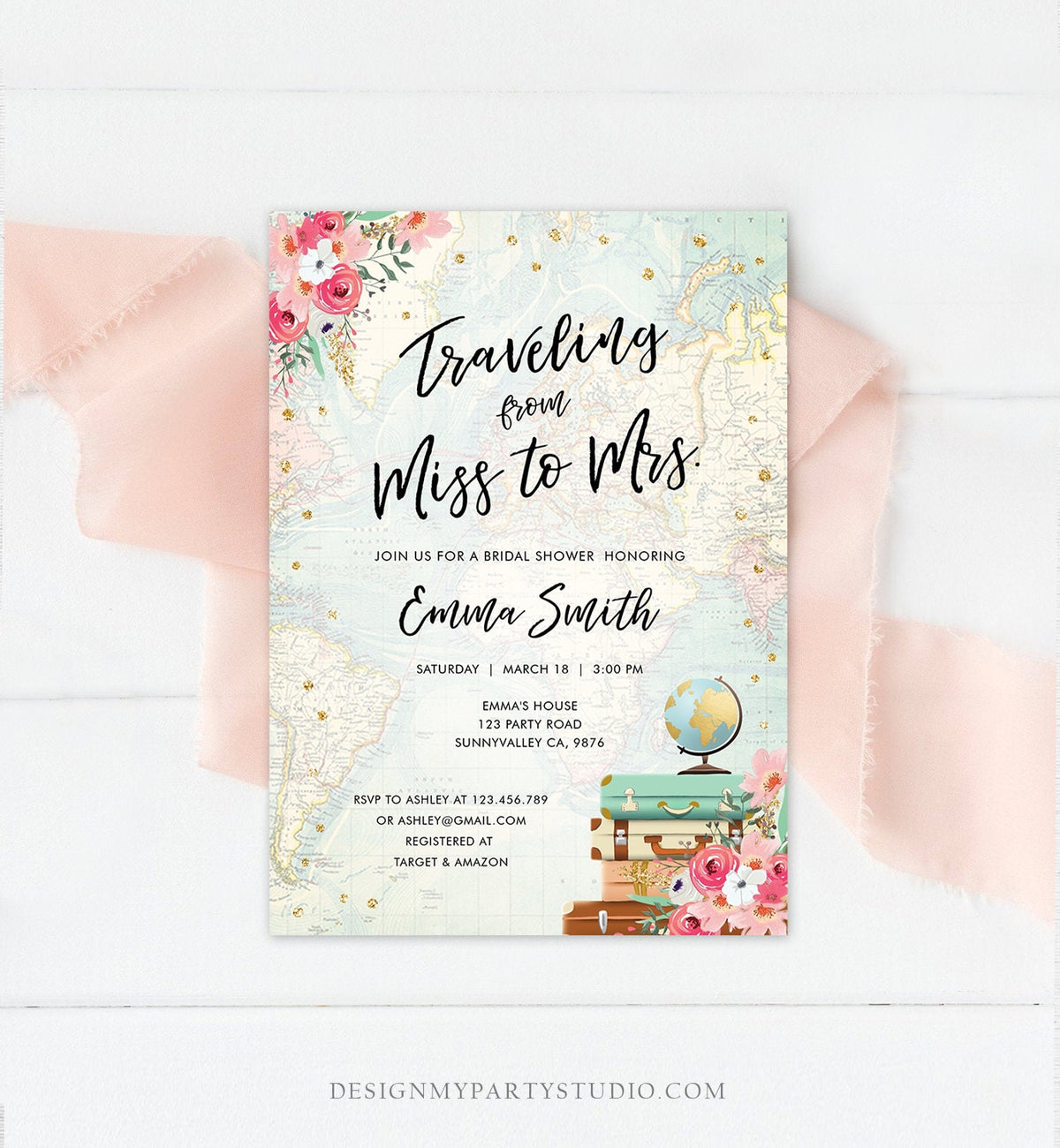 Editable Miss to Mrs Travel Bridal Shower Invitation Flowers Globe Suitcase Gold Confetti Traveling Download Printable Corjl Template 0030