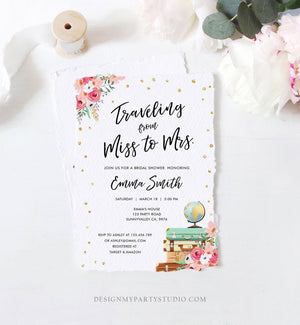 Editable Miss to Mrs Travel Bridal Shower Invitation Flowers Globe Suitcase Gold Confetti Traveling Download Printable Corjl Template 0030