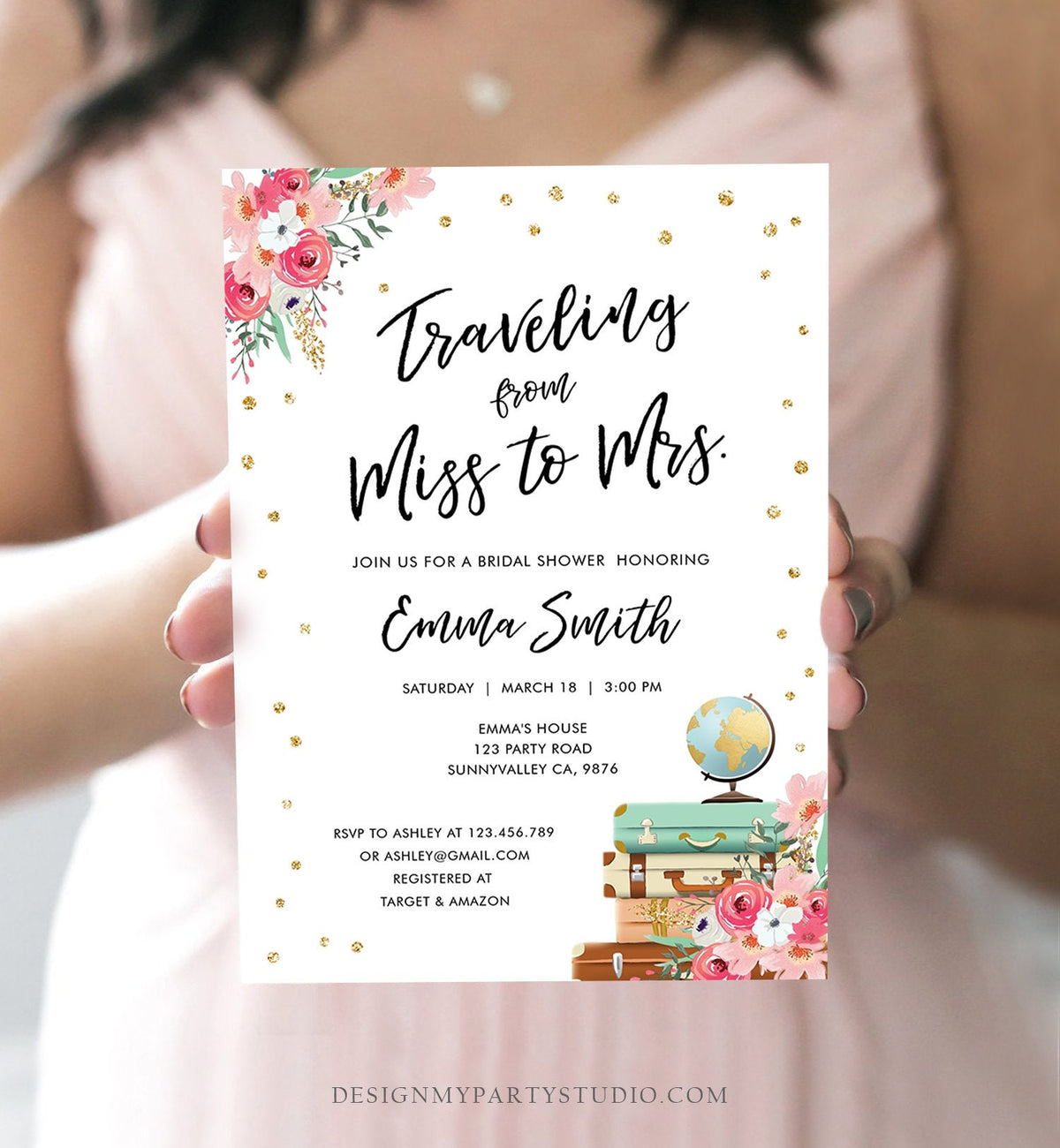 Editable Miss to Mrs Travel Bridal Shower Invitation Flowers Globe Suitcase Gold Confetti Traveling Download Printable Corjl Template 0030