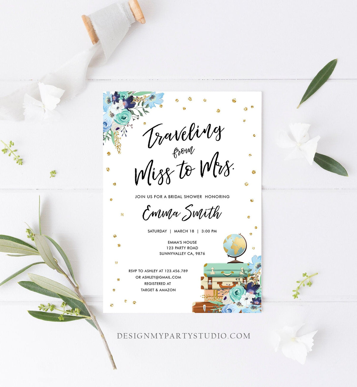 Editable Miss to Mrs Travel Bridal Shower Invitation Flowers Globe Suitcase Navy Blue Gold Confetti Traveling Printable Corjl Template 0030