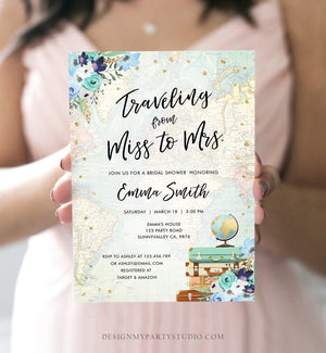 Editable Miss to Mrs Travel Bridal Shower Invitation Flowers Globe Suitcase Navy Blue Gold Confetti Traveling Printable Corjl Template 0030
