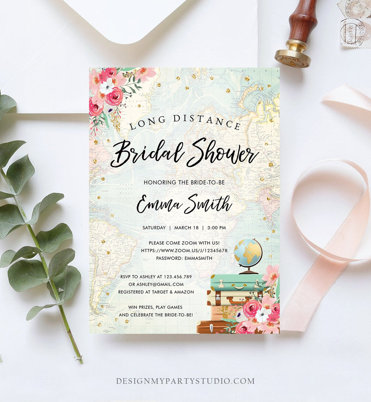 Editable Long Distance Bridal Shower Invitation Travel Pink Floral Virtual Shower By Mail Globe Suitcase Gold Confetti Corjl Template 0030