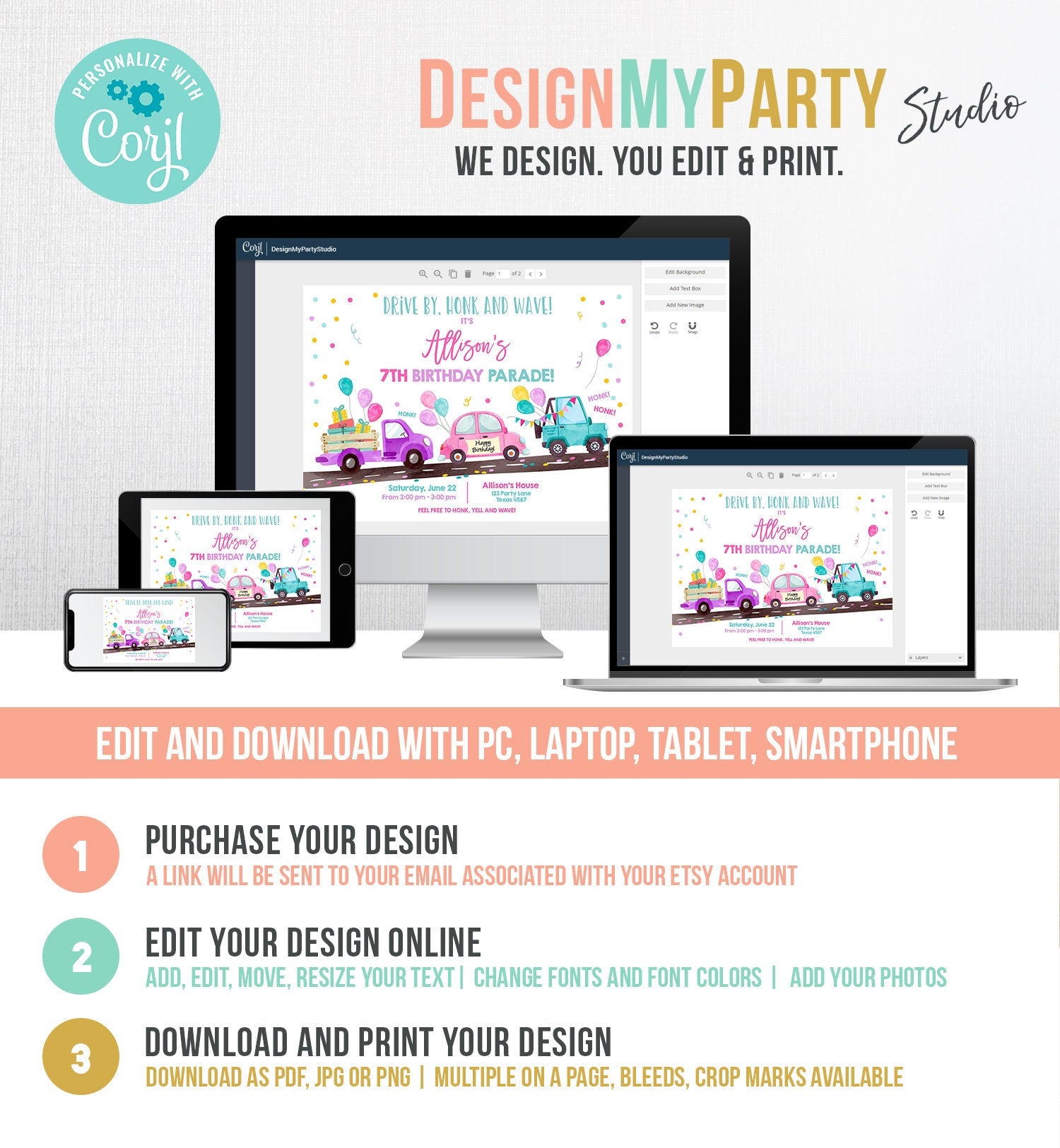 Editable Drive By Birthday Parade Invitation Virtual Party Invite Honk Wave Car Girl Pink Quarantine Instant Download Digital Corjl 0333