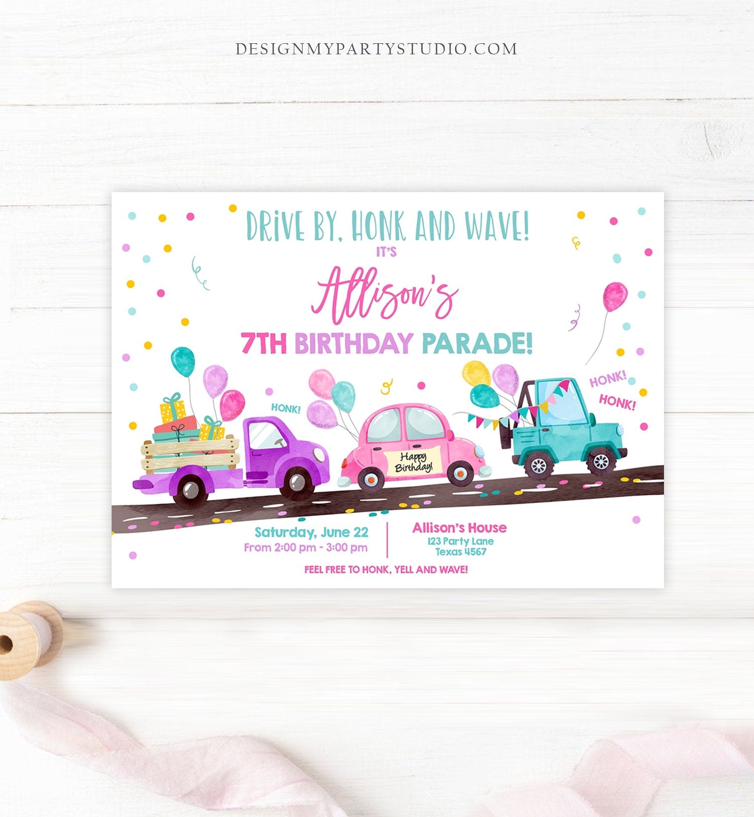 Editable Drive By Birthday Parade Invitation Virtual Party Invite Honk Wave Car Girl Pink Quarantine Instant Download Digital Corjl 0333