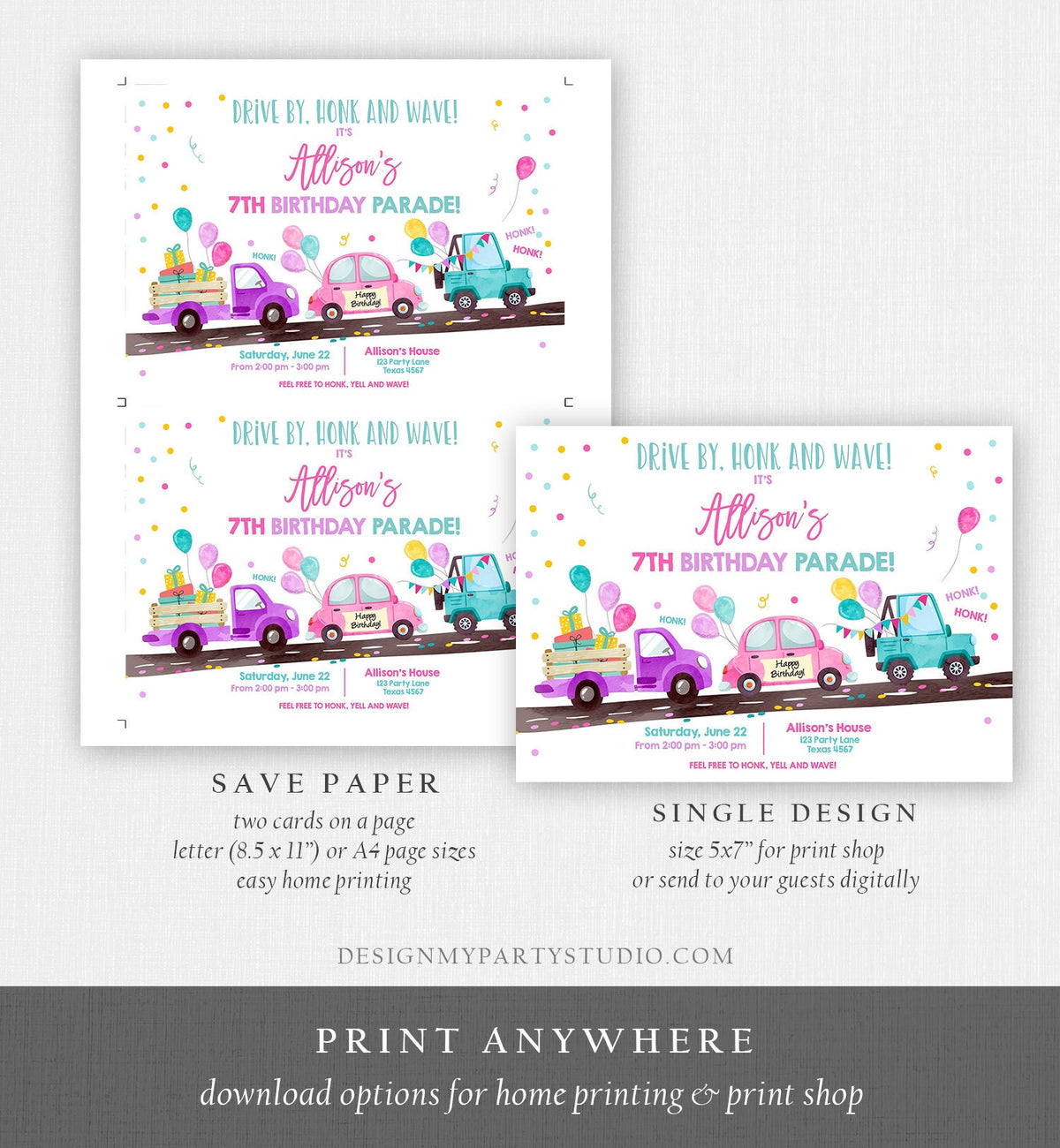 Editable Drive By Birthday Parade Invitation Virtual Party Invite Honk Wave Car Girl Pink Quarantine Instant Download Digital Corjl 0333