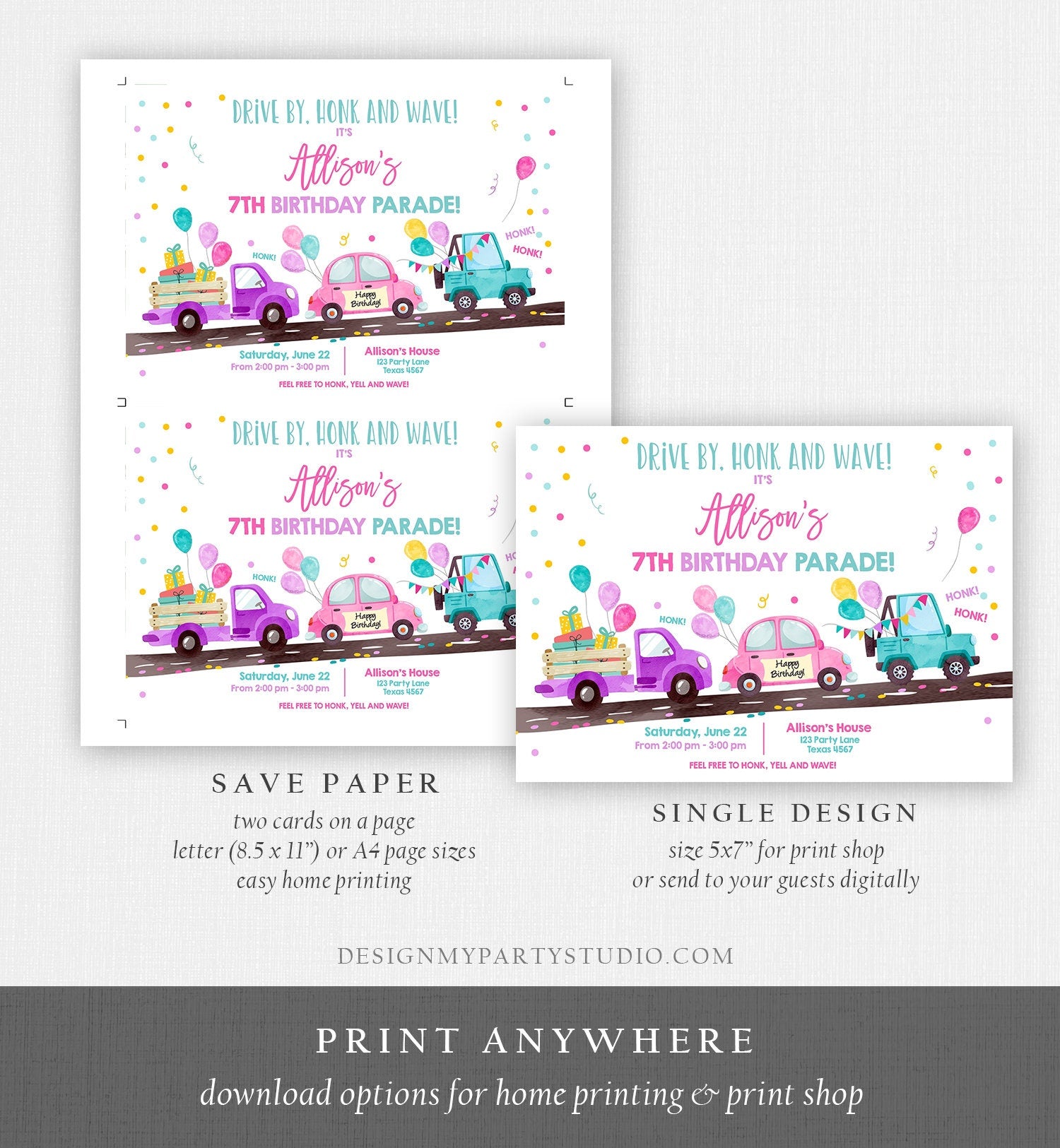 Editable Drive By Birthday Parade Invitation Virtual Party Invite Honk Wave Car Girl Pink Quarantine Instant Download Digital Corjl 0333