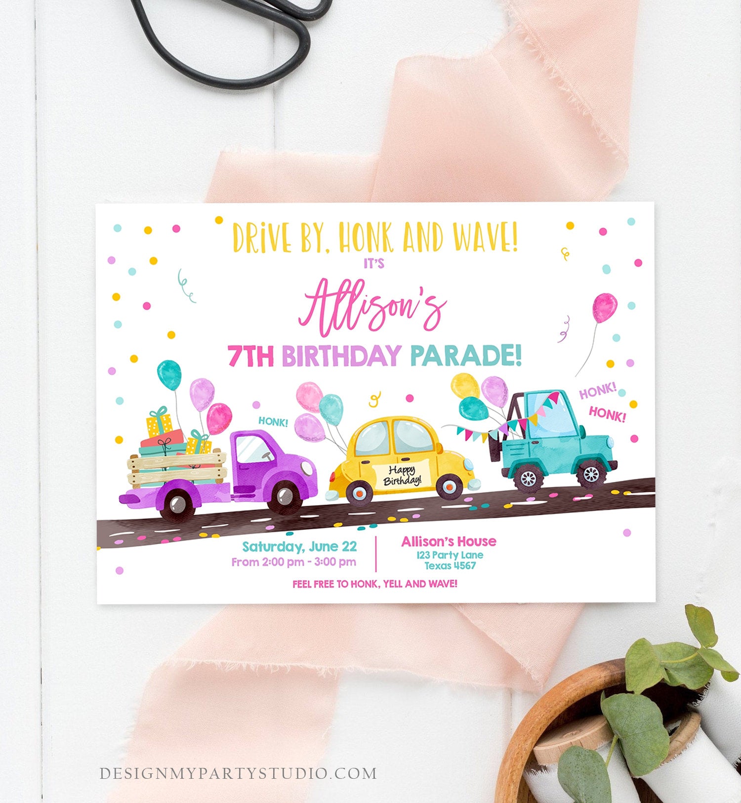 Editable Drive By Birthday Parade Invitation Virtual Party Invite Honk Wave Car Girl Pink Quarantine Instant Download Digital Corjl 0333