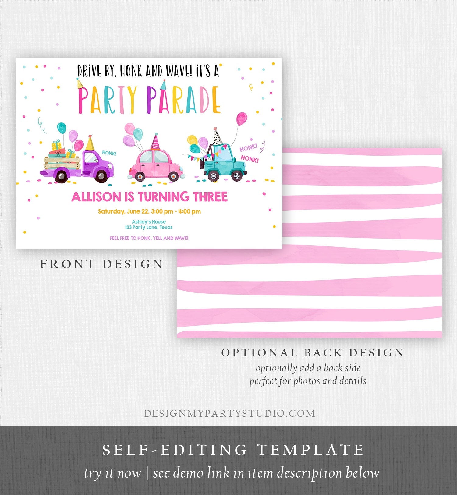Editable Drive By Birthday Parade Invitation Virtual Party Invite Honk Wave Car Girl Pink Quarantine Instant Download Digital Corjl 0333