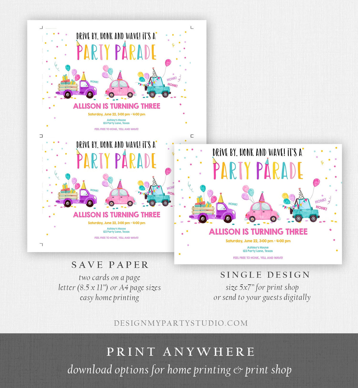Editable Drive By Birthday Parade Invitation Virtual Party Invite Honk Wave Car Girl Pink Quarantine Instant Download Digital Corjl 0333