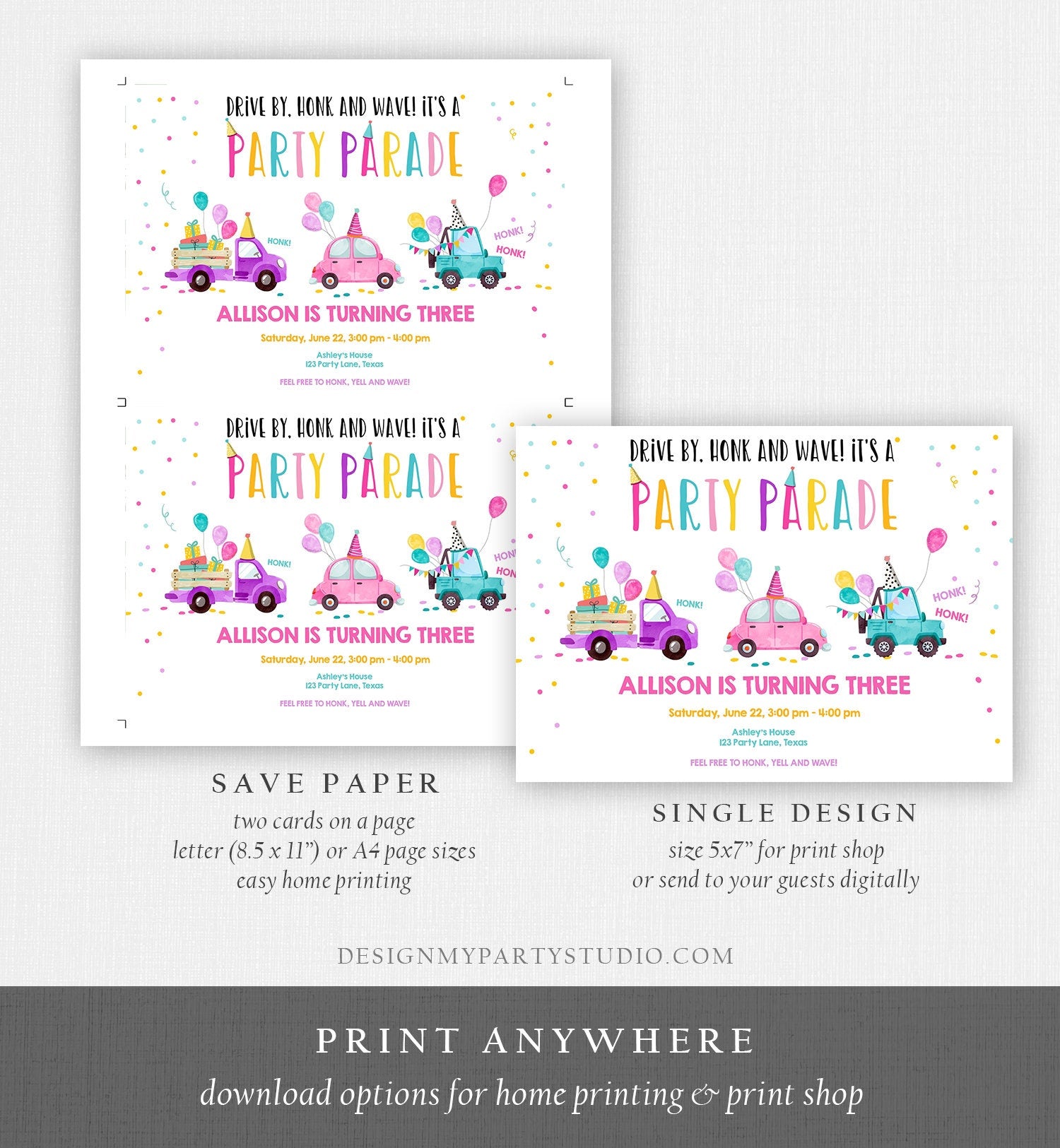 Editable Drive By Birthday Parade Invitation Virtual Party Invite Honk Wave Car Girl Pink Quarantine Instant Download Digital Corjl 0333