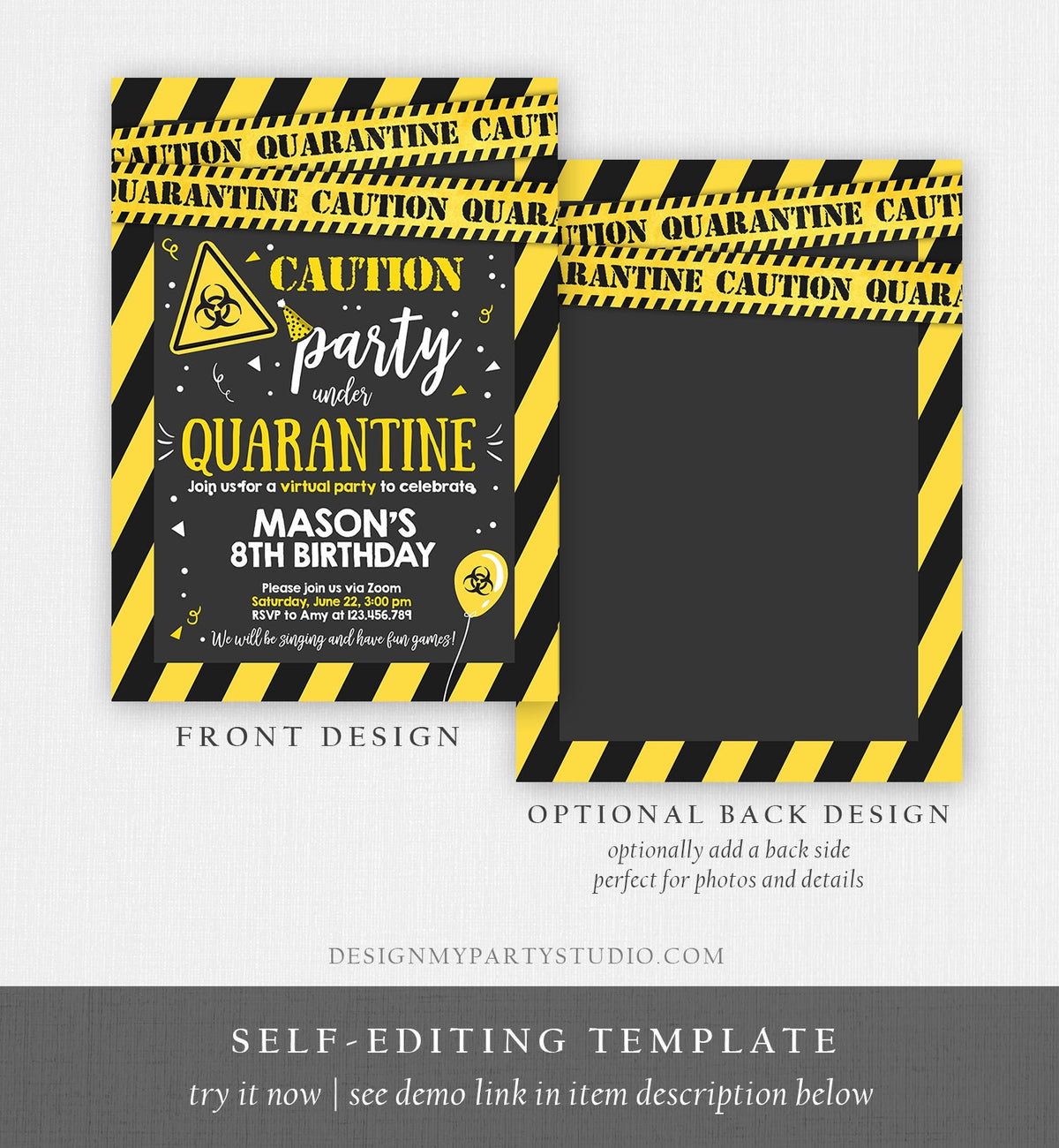 Editable Quarantine Birthday Invitation Virtual Party Quarantine Birthday Party Zoom Birthday Caution Instant Download Digital Corjl 0334