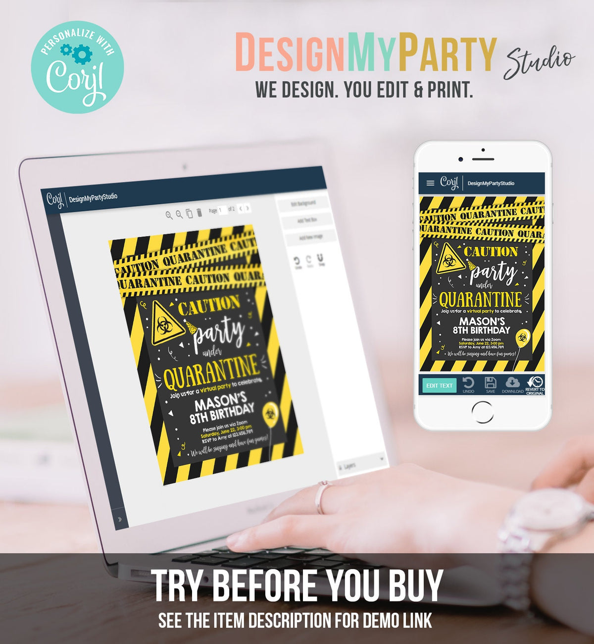 Editable Quarantine Birthday Invitation Virtual Party Quarantine Birthday Party Zoom Birthday Caution Instant Download Digital Corjl 0334