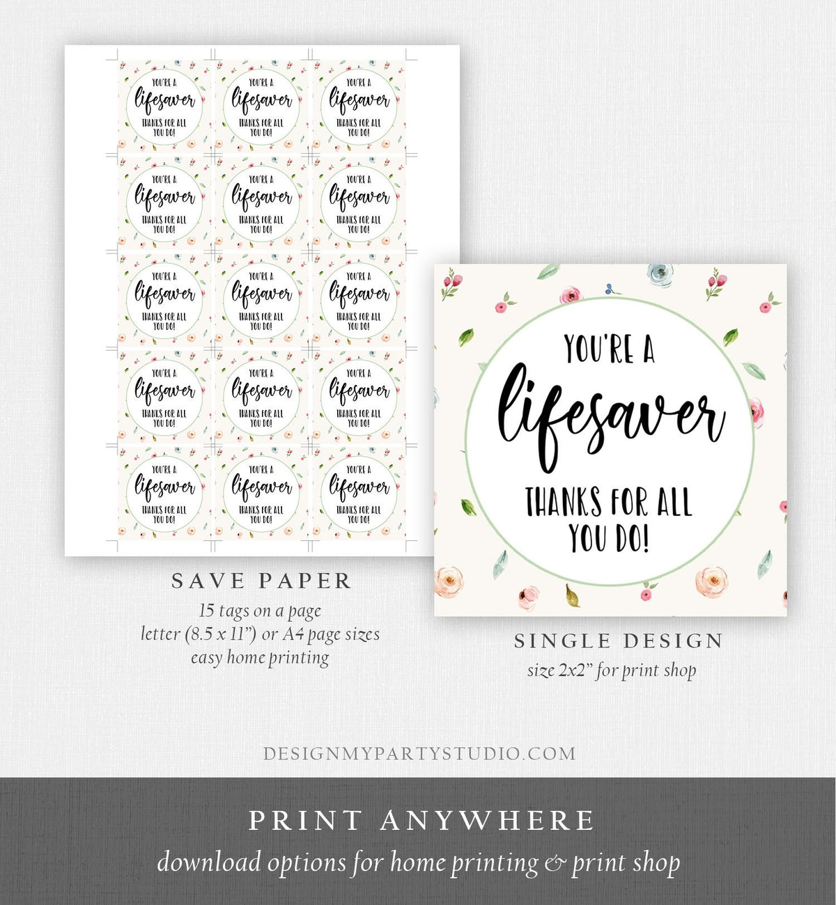 Editable Thank You Tag Teacher Appreciation PTA PTO Tag Nurse Doctor Thank You Sticker Label You&#39;re a lifesaver Corjl Template