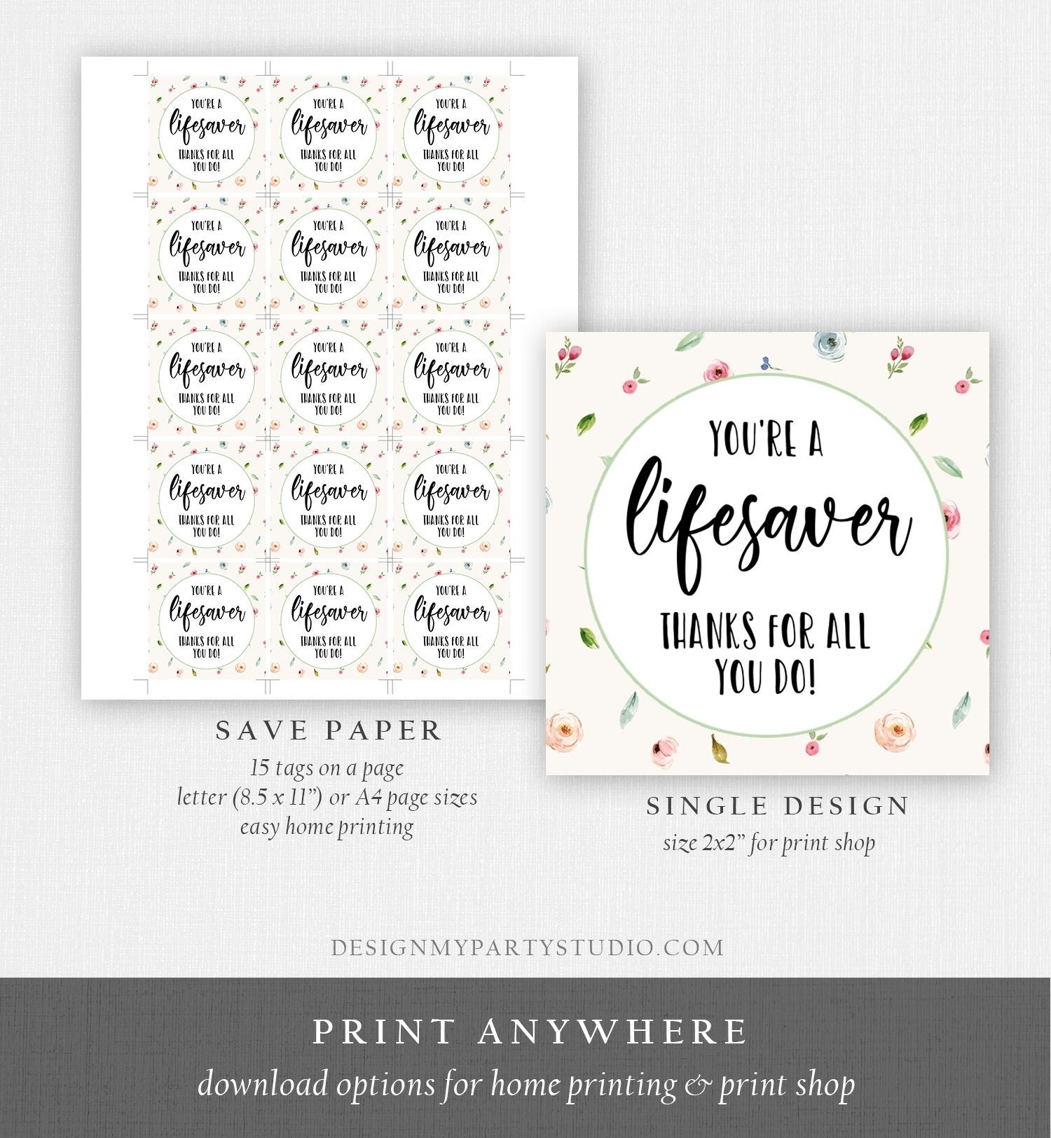 Editable Thank You Tag Teacher Appreciation PTA PTO Tag Nurse Doctor Thank You Sticker Label You're a lifesaver Corjl Template