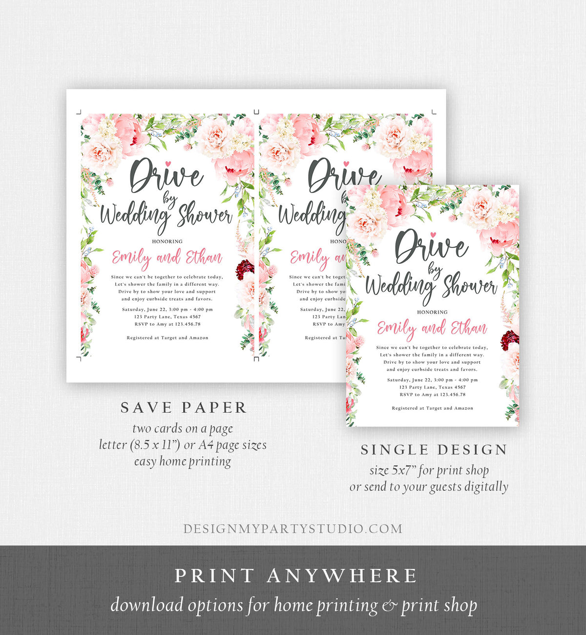 Editable Drive By Wedding Shower Invitation Drive Through Social Distancing Peony Floral Botanical Couples Coed Shower Corjl Template 0168