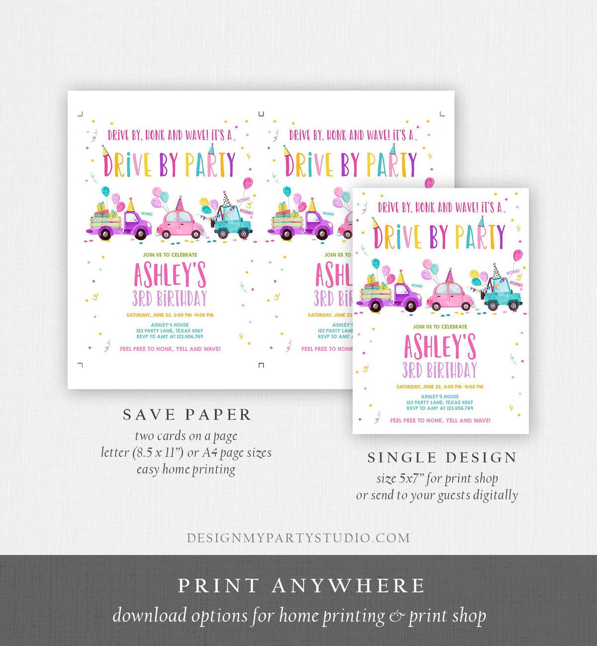 Editable Drive By Birthday Parade Invitation Virtual Party Invite Honk Wave Car Girl Pink Quarantine Instant Download Digital Corjl 0333